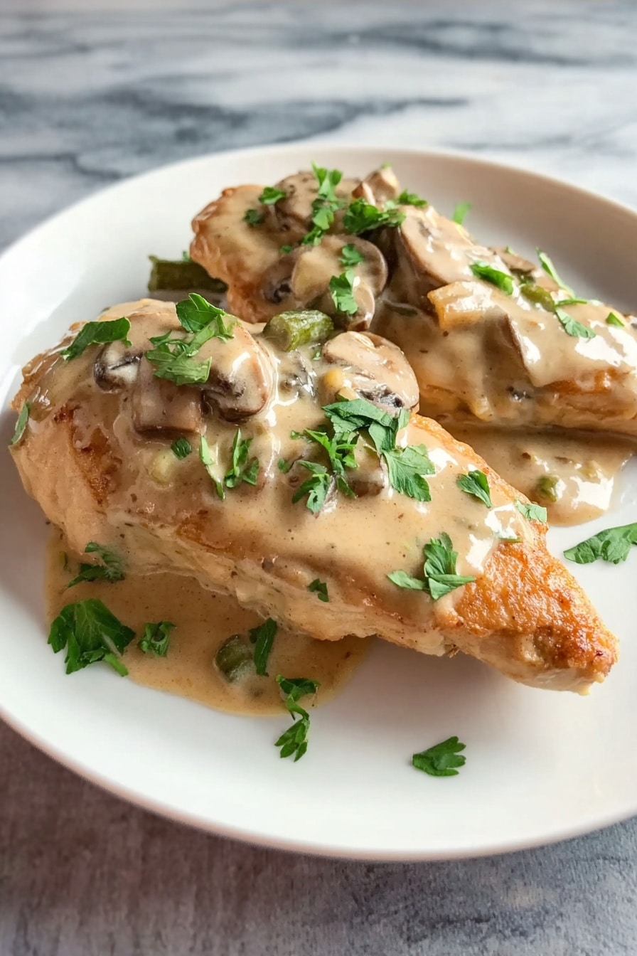 The image shows two golden-brown cooked chicken pieces on a white plate, each covered with a thick light beige creamy sauce with visible mushroom slices. On top of the sauce, small bright green parsley leaves add color contrast. The plate is set on a white marbled surface with a soft, striped cloth blurred in the background. The creamy sauce has a smooth texture and slightly spills over the edges of the chicken. photo taken with an iphone --ar 2:3 --v 7 - Slow Cooker Turkey Marsala, Turkey Marsala recipe, easy turkey Marsala, slow cooker poultry dishes, elegant turkey dinner