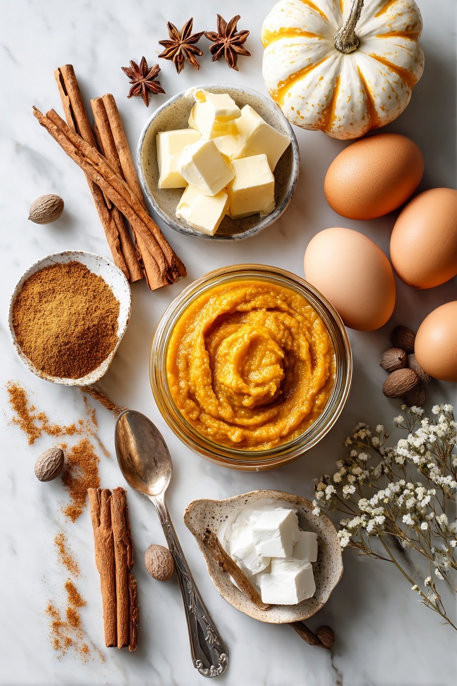 Flat lay of bright orange pumpkin puree, rich golden caramel sauce in a small jar, smooth yellow butter cubes, brown sugar crystals, whole fresh eggs with light brown shells, sticks of warm cinnamon, and a scattering of pumpkin pie spice powder, all beautifully arranged with a few loose whole nutmeg and cinnamon sticks artfully placed around, placed on a white marble surface, photo taken with an iphone --ar 2:3 --v 7 - Slow Cooker Sticky Caramel Pumpkin Cake, pumpkin dessert, fall slow cooker recipes, caramel pumpkin cake, easy pumpkin desserts