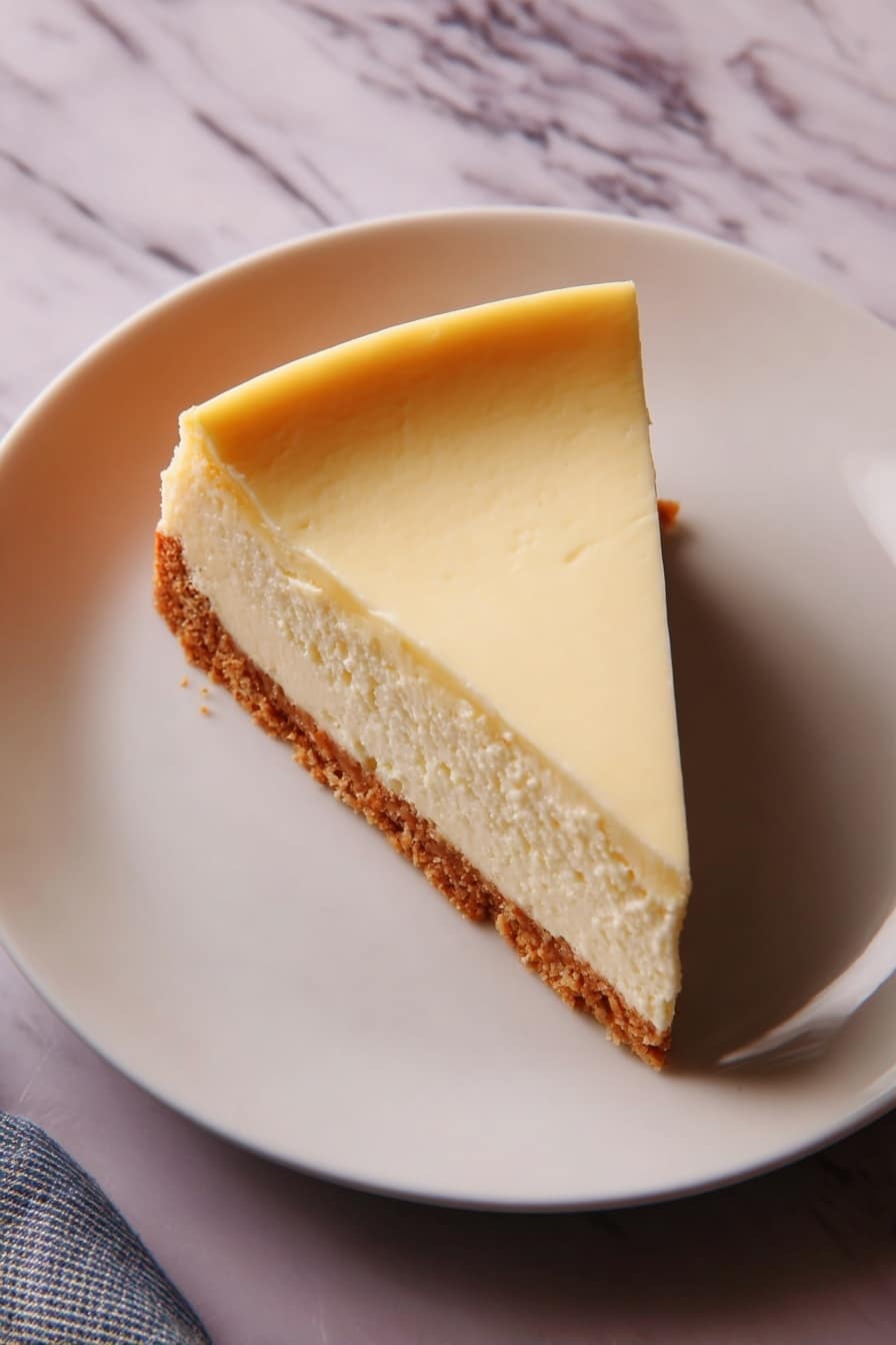 A single slice of cheesecake sits on a white plate, showing three layers: a thin, light brown crumbly base at the bottom, a thick creamy light yellow middle layer with a smooth texture, and a slightly brighter yellow top layer that is smooth and even. The background is a white marble surface with part of the round cheesecake and a blurred cloth visible. Photo taken with an iphone --ar 2:3 --v 7 - Slow-Cooker Cheesecake, easy cheesecake without oven, creamy slow cooker dessert, no-bake cheesecake recipe,DIY slow cooker desserts