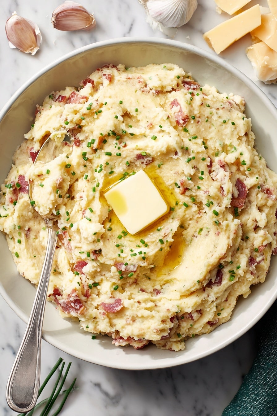 A black dish filled with creamy mashed potatoes that have red potato skin mixed in, giving it spots of red and white. The surface is uneven with swirls and small mounds, topped with two melting squares of butter showing a shiny, golden pool around them. Small green chive pieces are scattered over the potatoes, adding color and texture. The dish sits on a white marbled surface. photo taken with an iphone --ar 2:3 --v 7 - Crockpot Garlic Mashed Potatoes, easy garlic mashed potatoes, slow cooker mashed potatoes, creamy garlic potato recipe, holiday mashed potato side