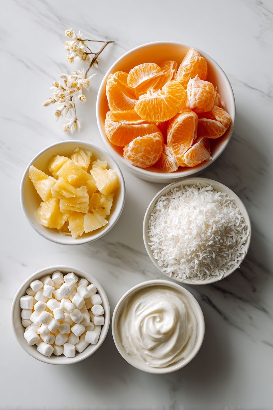 Flat lay of a small white ceramic bowl filled with bright orange mandarin orange segments, a small white ceramic bowl holding golden yellow pineapple tidbits, a small white ceramic bowl piled with tiny white miniature marshmallows, a small white ceramic bowl heaped with fluffy sweetened shredded coconut, a small white ceramic bowl containing smooth creamy sour cream, arranged in perfect symmetry and realistic proportions, placed on a clean white marble surface, soft natural light, photo taken with an iPhone, professional food photography style, fresh ingredients, white ceramic bowls, no bottles, no duplicates, no utensils, no packaging --ar 2:3 --v 7 - Ambrosia Salad, Ambrosia Salad Recipe, easy ambrosia salad, classic ambrosia salad, citrus marshmallow salad