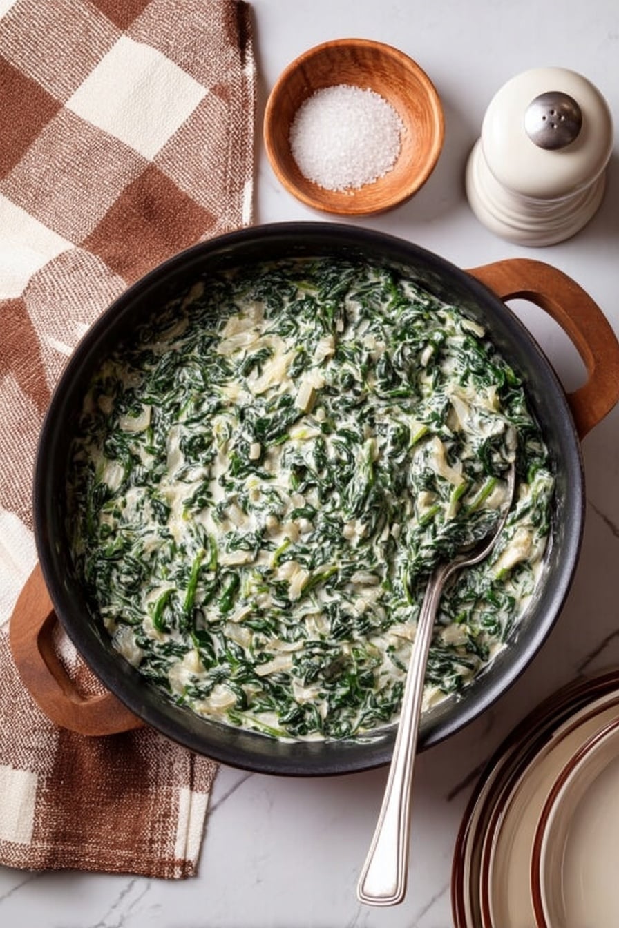 The image shows a black pan filled with a creamy spinach dish that has a mix of green leafy spinach and white creamy sauce, with small chunks of what looks like onions or garlic. A large silver spoon rests inside the pan on the right side, partly of the dish, ready to serve. The pan is placed on a white marbled surface with a brown and white checkered cloth on the left. On the right side of the pan, there is a small white bowl filled with coarse salt, a white pepper grinder, and two stacked white plates with brown rims. photo taken with an iphone --ar 2:3 --v 7 - Creamed Spinach, creamy spinach side dish, healthy creamed spinach, easy spinach recipes, velvety spinach side