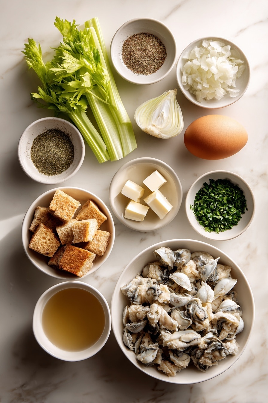 Flat lay of a single chopped celery rib, a small chopped onion, a few cubes of fresh butter, a small pile of minced fresh parsley, a small white bowl of mixed poultry seasoning, rubbed sage, and black pepper, a mound of cubed day-old bread, one whole uncracked brown egg, a small white bowl of chicken broth, and a white ceramic bowl filled with coarsely chopped, fresh shucked oysters, all arranged in perfect symmetry on simple white ceramic bowls and plates placed on a clean white marble surface, soft natural light, photo taken with an iPhone, professional food photography style, fresh ingredients, white ceramic bowls, no bottles, no duplicates, no utensils, no packaging --ar 2:3 --v 7 - Oyster Dressing, Oyster Dressing Recipe, Holiday Side Dishes, Classic Dressing with Oysters, Seafood Holiday Side