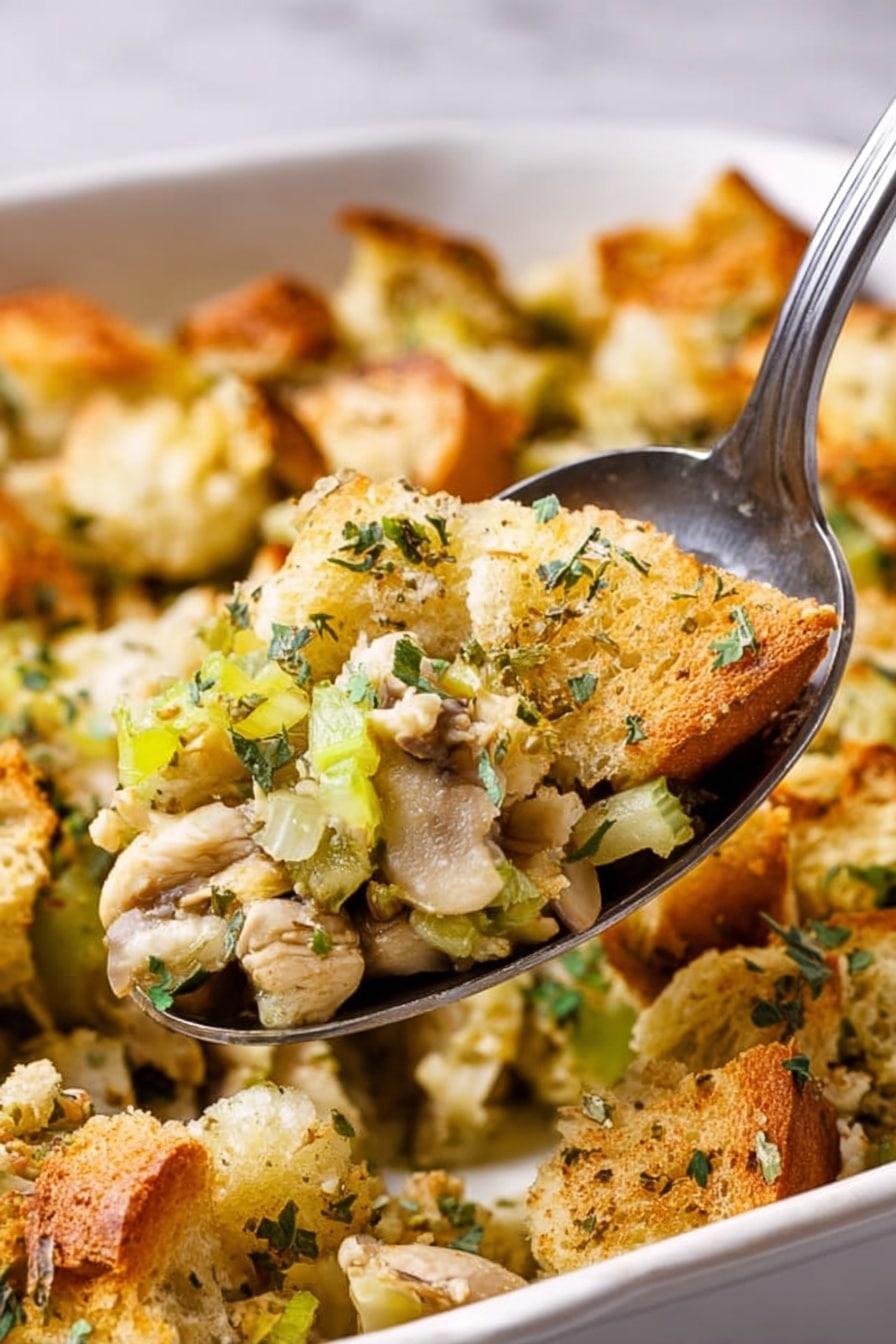 The image shows a close-up of a silver spoon lifting a portion of a baked dish from a white marbled surface container. The dish has about three visible layers: the bottom layer is small, light green celery pieces and soft sautéed mushrooms with a slightly brown tint; the middle layer features pale yellow chunks of cooked chicken mixed with finely chopped green herbs; the top layer consists of golden toasted bread cubes with a light sprinkling of green herbs and seasoning, appearing crisp and textured. The background has more of the same dish slightly blurred, highlighting the spoon's content. Photo taken with an iphone --ar 2:3 --v 7 - Oyster Dressing, Oyster Dressing Recipe, Holiday Side Dishes, Classic Dressing with Oysters, Seafood Holiday Side