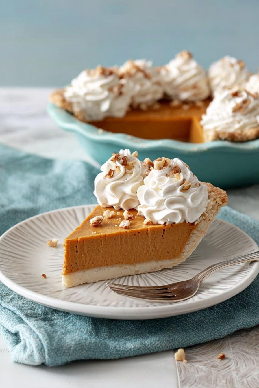 The image shows a round pecan pie on a white plate, placed on a blue woven cloth over a white marbled surface. The pie has a golden brown crust with visible pecan pieces baked into it. Inside the crust, there is a smooth, light brown filling. Around the edge of the filling, thick swirls of white whipped cream are evenly spaced in a circular pattern. Small pieces of pecans are sprinkled on top of the whipped cream. A pie server with a wooden handle rests beside the pie on the cloth. Photo taken with an iphone --ar 2:3 --v 7 - Sweet Potato Pie with Condensed Milk, sweet potato pie recipe, creamy sweet potato pie, easy sweet potato dessert, holiday pie recipe
