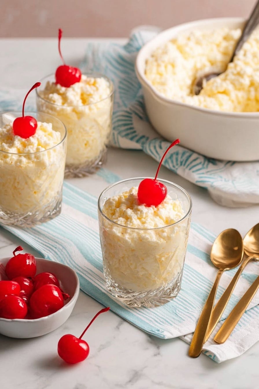 Three clear glasses sit on a white plate with a light blue-striped white napkin beneath two of them. Each glass is filled with a creamy, textured dessert made of small white and pale yellow pieces, topped with a bright red cherry with a stem. Two shiny gold spoons rest on the plate beside the glasses. In the background, there is a small white bowl holding more red cherries, all placed on a white marbled surface. Photo taken with an iphone --ar 2:3 --v 7 - Frog Eye Salad, Frog Eye Salad recipe, fruit and pasta salad, party potluck salad, creamy fruit salad