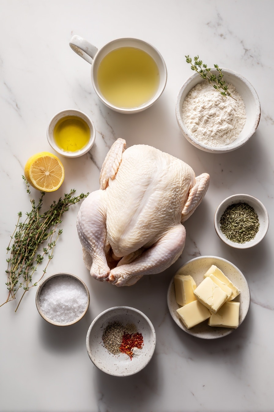 Flat lay of a medium whole raw chicken with dry skin, a small white ceramic bowl of vegetable oil, a small white bowl of coarse salt, a small white bowl of ground black pepper, a small white bowl of paprika powder, a small white bowl of mixed Italian seasoning herbs, a small white bowl of garlic powder, half a fresh lemon cut crosswise with visible seeds and juicy pulp, three fresh sprigs of green thyme, a small white bowl filled with clear chicken broth, a small white bowl of all-purpose flour, a few pats of creamy yellow butter, placed on a clean white marble surface, soft natural light, photo taken with an iPhone, professional food photography style, fresh ingredients, white ceramic bowls, no bottles, no duplicates, no utensils, no packaging --ar 2:3 --v 7 - Instant Pot Whole Chicken with Gravy, easy Instant Pot chicken recipe, juicy pressure cooker chicken, one-pot chicken dinner, homemade gravy recipe