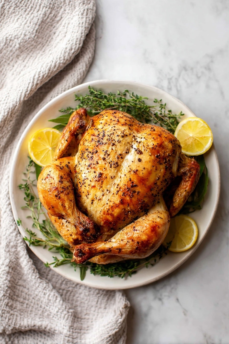 A whole roasted chicken with crispy, golden brown skin speckled with black pepper sits at the center of a white plate. The chicken is placed on a bed of fresh green herbs, with three thin lemon slices arranged around the edges of the plate. The white plate rests on a white marbled surface, accompanied by a light gray textured cloth in the background. The setting is simple, clean, and inviting, showing off the juicy, cooked poultry as the main focus. photo taken with an iphone --ar 2:3 --v 7 - Instant Pot Whole Chicken with Gravy, easy Instant Pot chicken recipe, juicy pressure cooker chicken, one-pot chicken dinner, homemade gravy recipe