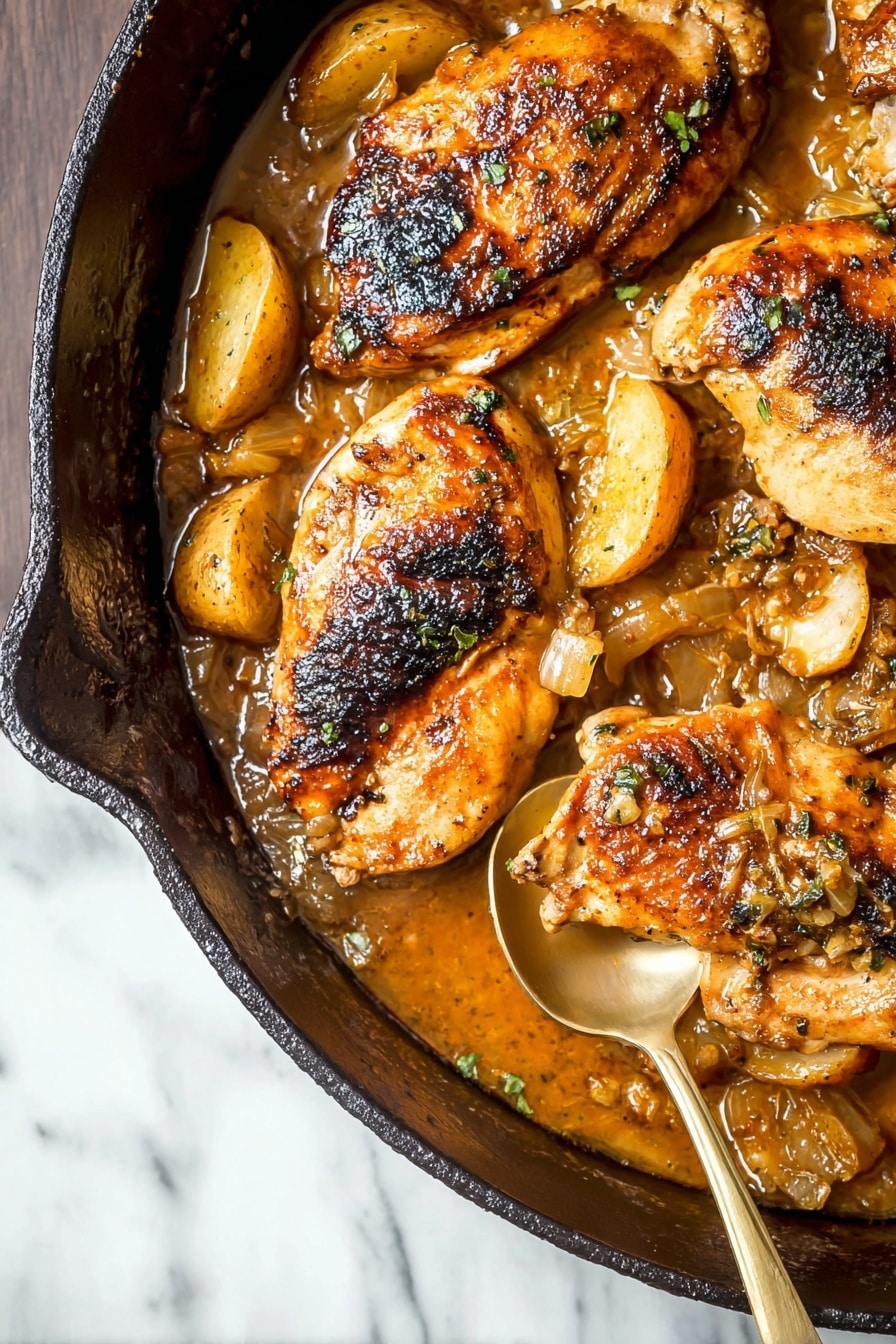 A black cast iron pan holds five browned pieces of chicken layered evenly across the pan’s center with golden caramelized edges. Around and between the chicken pieces are light brown apple slices with pink-red skins, soaked in a thick, glossy brown sauce mixed with finely chopped onions and herbs. The cast iron pan is placed on a smooth white marbled surface, and a white cloth is visible at the bottom edge of the pan. photo taken with an iphone --ar 2:3 --v 7 - Apple Cider Chicken with Butternut Squash, fall chicken dinner, cozy autumn recipes, healthy chicken recipes, seasonal fall meal