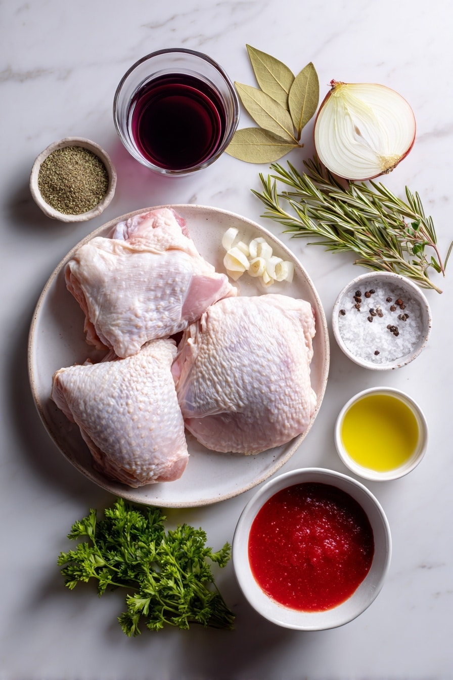Flat lay of two medium raw turkey thighs with natural skin texture, a small mound of mixed Italian seasoning herbs, a heap of coarse salt crystals, a small pile of ground black pepper, a small white bowl with golden vegetable oil, a medium onion thinly sliced showing white and purple layers, a small white bowl with minced garlic, two fresh green bay leaves, two sprigs of fresh rosemary with deep green needles, a small white bowl filled with deep red wine, a small white bowl of clear chicken broth, a small white bowl of rich red tomato sauce, and a small pile of fresh chopped parsley leaves, all arranged in perfect symmetry on a simple white ceramic surface, placed on a clean white marble surface, soft natural light, photo taken with an iPhone, professional food photography style, fresh ingredients, white ceramic bowls, no bottles, no duplicates, no utensils, no packaging --ar 2:3 --v 7 - Instant Pot Turkey Thighs with Tomato and Herbs, easy turkey thigh recipe, pressure cooker turkey dinner, flavorful turkey recipes, quick healthy turkey meal