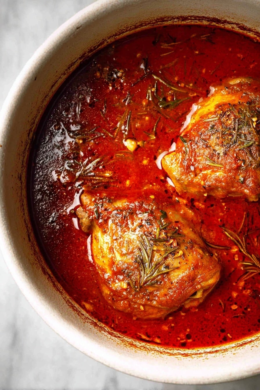 A close-up top view of two cooked chicken pieces in a deep white round pot filled with thick, rich red tomato sauce with visible herbs and spices floating throughout. The chicken skin is golden-brown and slightly crispy, sitting partially submerged in the vibrant sauce that has a shiny, oily surface scattered with small bits of herbs like rosemary. The white marbled surface around the pot adds a clean, bright contrast to the deep red and warm brown colors of the dish photo taken with an iphone --ar 2:3 --v 7 - Instant Pot Turkey Thighs with Tomato and Herbs, easy turkey thigh recipe, pressure cooker turkey dinner, flavorful turkey recipes, quick healthy turkey meal