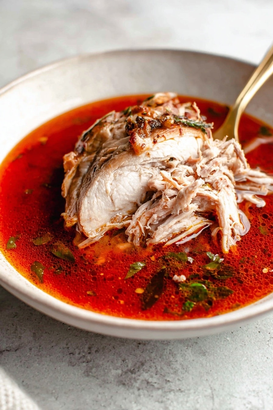 A single piece of cooked chicken sits centered in a white bowl filled with bright red broth that has a slightly oily surface with small bubbles. The chicken is golden brown with some visible herbs and seasoning on top. The broth contains small chunks of onions and herbs, and a sprig of fresh rosemary lies on the right side, partially submerged. The bowl is placed on a white marbled surface with some rosemary sprigs nearby and a textured light gray cloth to the upper left. photo taken with an iphone --ar 2:3 --v 7 - Instant Pot Turkey Thighs with Tomato and Herbs, easy turkey thigh recipe, pressure cooker turkey dinner, flavorful turkey recipes, quick healthy turkey meal