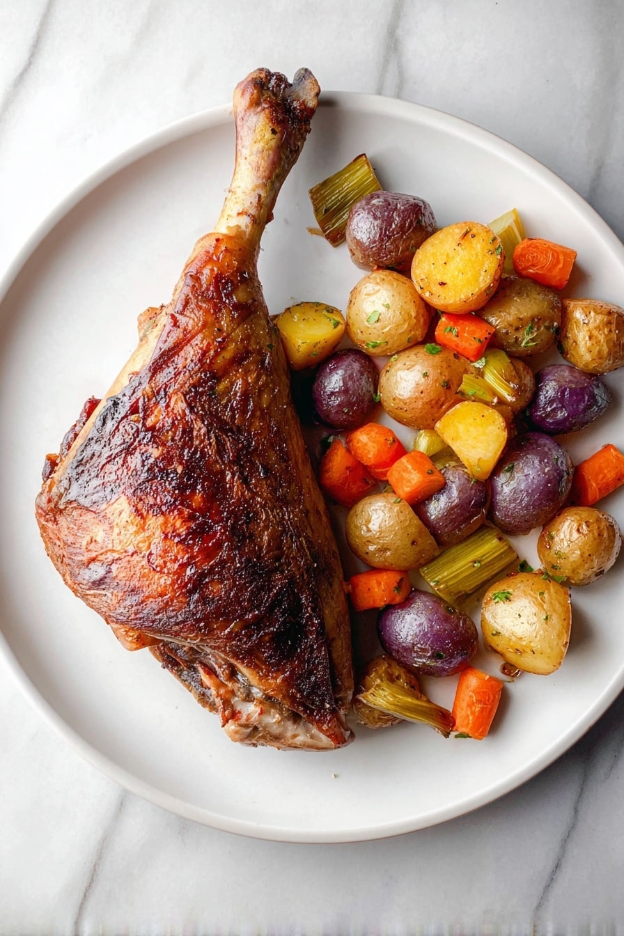 The image shows two roasted turkey legs with golden-brown, shiny, and slightly crispy skin, placed on a metal rack inside a roasting pan. Underneath the rack, there is a layer of roasted vegetables including small round potatoes in shades of light yellow, red, and purple, along with carrot slices and chunks of onions. The roasting pan has a slightly used, aged look with some dark spots and juices collected at the bottom. The background surface is a white marbled texture. Photo taken with an iphone --ar 2:3 --v 7 - Roasted Turkey Legs with Vegetables, Turkey legs recipe, roasted turkey meal, easy turkey dinner, hearty vegetable roast