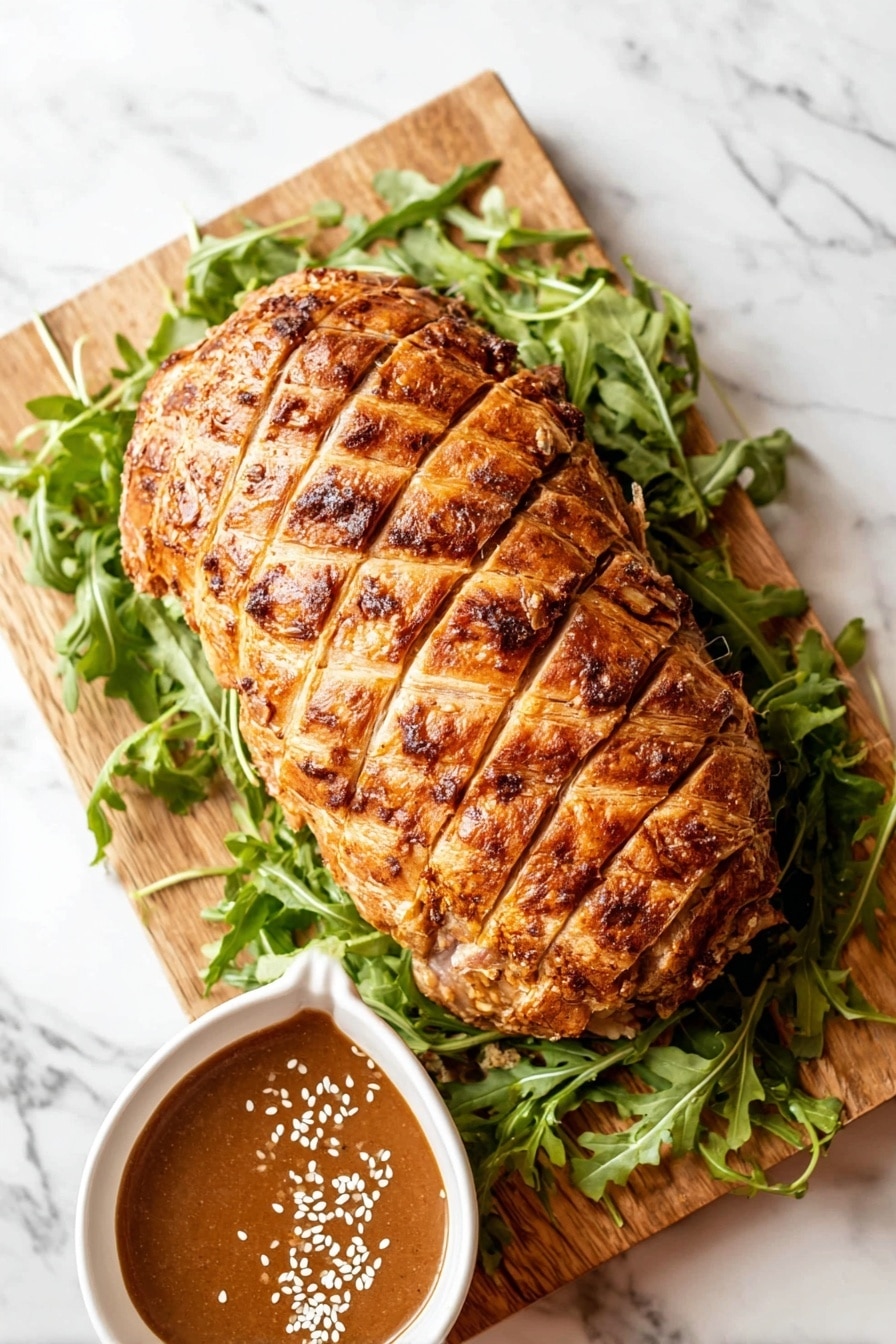 A wooden board holds a roasted, golden-brown meatloaf with a textured crust on top. On the board, fresh green arugula leaves are spread around the meatloaf. In front of the meatloaf, three thick slices are laid out, each topped with a smooth, brown gravy sauce dripping down. To the side, a white marbled surface with a white and black striped cloth can be seen, along with a white gravy boat filled with brown gravy sauce. The photo taken with an iphone --ar 2:3 --v 7 - Asian Sesame Soy Turkey Roast, turkey roast with Asian marinade, easy turkey roast recipe, flavorful holiday turkey, tender roasted turkey