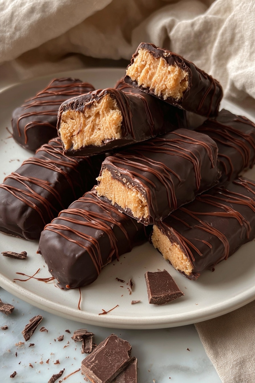 There are many small chocolate-covered bars laying on a piece of parchment paper. Each bar is covered with a thick layer of smooth dark brown chocolate, with thin chocolate lines drizzled on top. Some bars are whole, and some are sliced in half, showing a light orange, crumbly textured inside layer. The surface under the parchment is a white marbled texture with a white cloth partially seen on the side. photo taken with an iphone --ar 2:3 --v 7 - Healthy Homemade Butterfingers, healthy peanut candy, wholesome chocolate bars, quick homemade treats, natural sweetened snacks