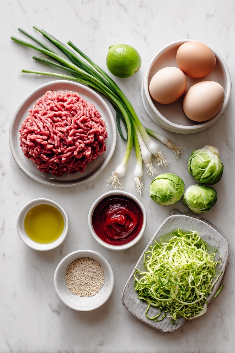 Flat lay of fresh lean ground beef formed into a natural mound, whole brown eggs with clean shells, a small bunch of thinly sliced green onions with bright green stalks, a small white ceramic bowl filled with glossy deep red sweet chili sauce, a small white bowl holding golden avocado oil, a halved fresh lime showing vibrant green flesh, a small white bowl of pale beige sesame seeds, and a neat pile of shredded bright green Brussels sprouts all arranged symmetrically on simple white ceramic plates and bowls placed on a clean white marble surface, soft natural light, photo taken with an iPhone, professional food photography style, fresh ingredients, white ceramic bowls, no bottles, no duplicates, no utensils, no packaging --ar 2:3 --v 7 - Ground Beef and Brussels Sprouts Stir-Fry with Sweet Chili and Lime, healthy ground beef stir-fry, quick weeknight dinner recipe, easy stir-fry with Brussels sprouts, flavor-packed beef stir-fry