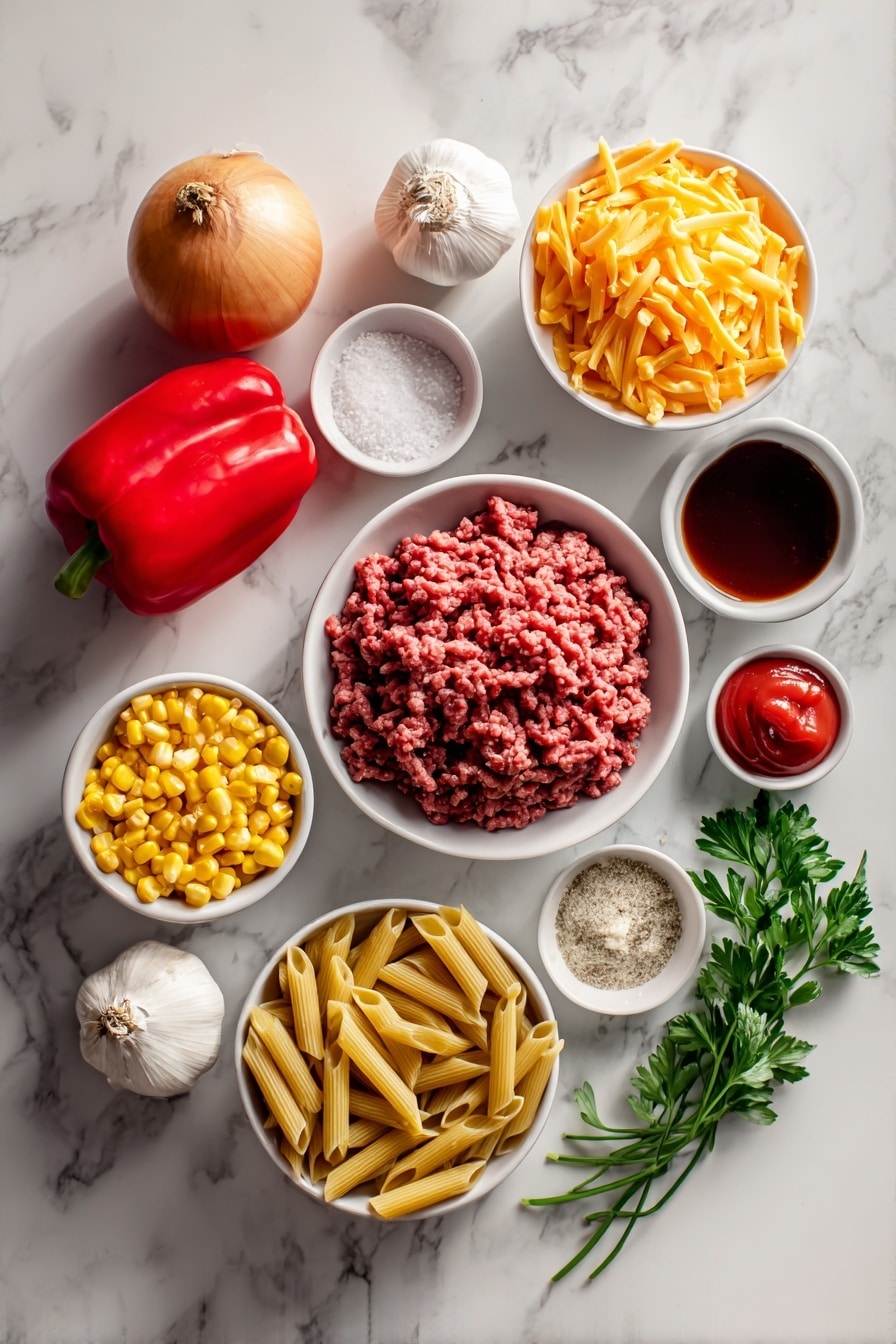 Flat lay of a small mound of fresh lean ground beef, a whole small yellow onion with bright papery skin, a whole red bell pepper with glossy smooth skin, two peeled garlic cloves, a small white bowl filled with bright red diced tomatoes, a small white bowl of thick red ketchup, a small white bowl of light brown sugar crystals, a small white bowl of smooth yellow mustard, a small white bowl containing dark Worcestershire sauce, a small white bowl piled with fresh yellow corn kernels, a small white bowl of fine white salt, a small white bowl of ground black pepper, a neat bundle of uncooked penne pasta with smooth, tubular shapes, a small white bowl heaped with shredded Colby Jack cheese in creamy orange and white tones, a small white bowl heaped with shredded sharp yellow cheddar cheese, and a small sprig of vibrant green parsley placed to the side, all arranged in perfect symmetry on a clean white marble surface, soft natural light, photo taken with an iPhone, professional food photography style, fresh ingredients, white ceramic bowls, no bottles, no duplicates, no utensils, no packaging --ar 2:3 --v 7 - Sloppy Joe Casserole, easy sloppy joe casserole, cheesy sloppy joe bake, comfort food casserole, quick dinner recipes