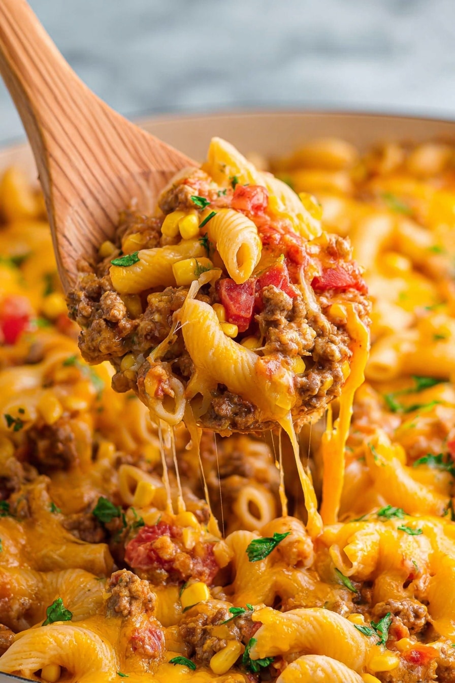 A white baking dish filled with a baked pasta casserole showing three layers: the bottom layer has cooked penne pasta with some visible pieces of ground meat and diced red bell peppers, the middle layer is golden melted cheese spreading evenly, and the top layer has more penne pasta mixed with melted cheese, small corn kernels, and sprinkled green parsley leaves scattered for color contrast. The dish sits on a white marbled surface with some extra sliced cheese pieces and a small bowl with chopped herbs nearby. Photo taken with an iphone --ar 2:3 --v 7 - Sloppy Joe Casserole, easy sloppy joe casserole, cheesy sloppy joe bake, comfort food casserole, quick dinner recipes