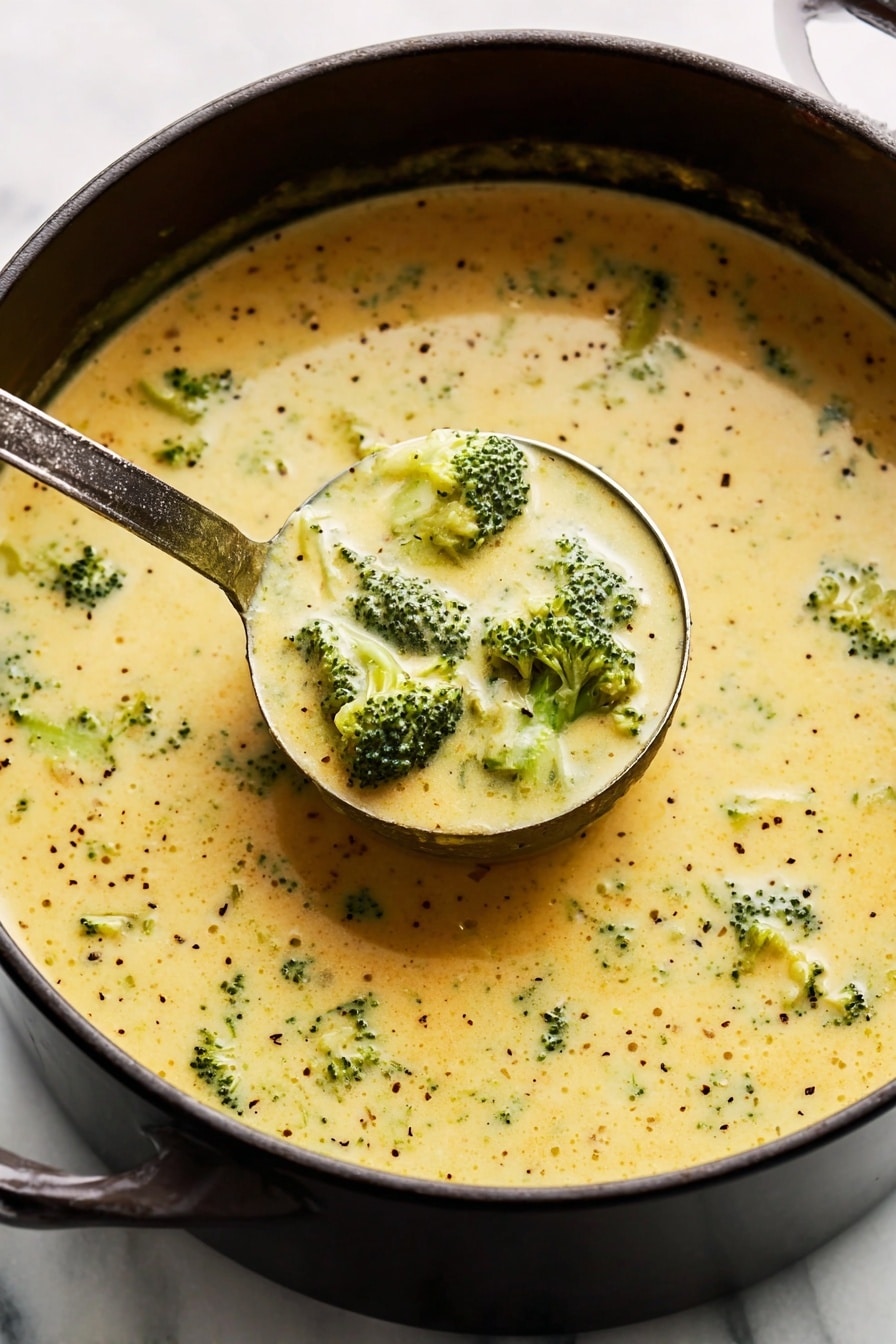A close-up of creamy yellow soup filled with green broccoli pieces in a black pot on a white marbled surface, the smooth soup showing small bubbles and specks of black pepper. A metal ladle lifts a portion of the soup, holding broccoli florets and a bit of the creamy liquid. The soup has a thick texture with visible broccoli throughout, creating a blend of green and yellow colors. photo taken with an iphone --ar 2:3 --v 7 - Creamy Broccoli Cheddar Soup, broccoli cheddar soup, cheesy broccoli soup, easy broccoli soup, comforting soup recipes