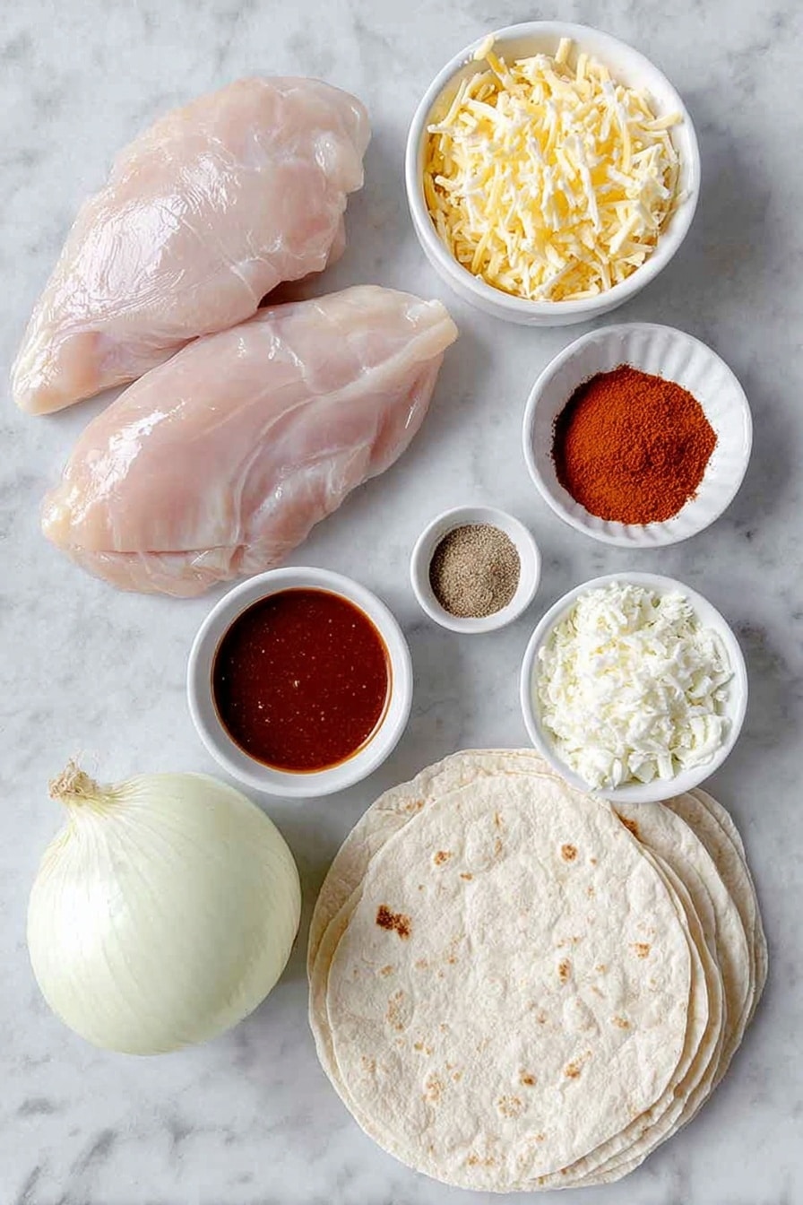 Flat lay of a quartered white onion, two boneless skinless chicken breasts, a small white bowl of kosher salt, a small white bowl with ground cumin, a small white bowl with chili powder, a small white bowl with garlic powder, one chipotle pepper in adobo sauce on a white ceramic dish, a small white bowl of adobo sauce, a small white bowl with fresh lime juice, a small white bowl of sour cream, a small white bowl filled with shredded pepper Jack cheese, a stack of flour tortillas arranged neatly, placed on a clean white marble surface, soft natural light, photo taken with an iPhone, professional food photography style, fresh ingredients, white ceramic bowls, no bottles, no duplicates, no utensils, no packaging --ar 2:3 --v 7 --p awthu7i m7354615311229779997 - Chipotle Chicken Flautas, crispy chicken flautas, smoky chicken appetizers, easy Mexican flautas, cheesy chicken snacks