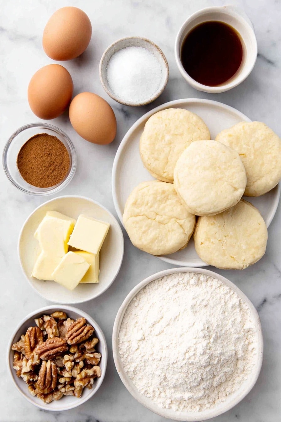 Flat lay of two whole uncracked brown eggs, a small white ceramic bowl of granulated sugar, a small white ceramic bowl of ground cinnamon, a large white ceramic plate with several fresh unbaked biscuit dough rounds, a small white ceramic bowl with two sticks of salted butter cut into chunks, a small white ceramic bowl of packed light brown sugar, a small white ceramic bowl of vanilla extract, a small white ceramic bowl of chopped walnuts, placed on a clean white marble surface, soft natural light, photo taken with an iPhone, professional food photography style, fresh ingredients, white ceramic bowls, no bottles, no duplicates, no utensils, no packaging --ar 2:3 --v 7 --p awthu7i m7354615311229779997 - Homemade Monkey Bread with Walnuts and Vanilla, Monkey Bread with Walnuts, Vanilla Monkey Bread, Easy Homemade Monkey Bread, Cinnamon Sugar Monkey Bread