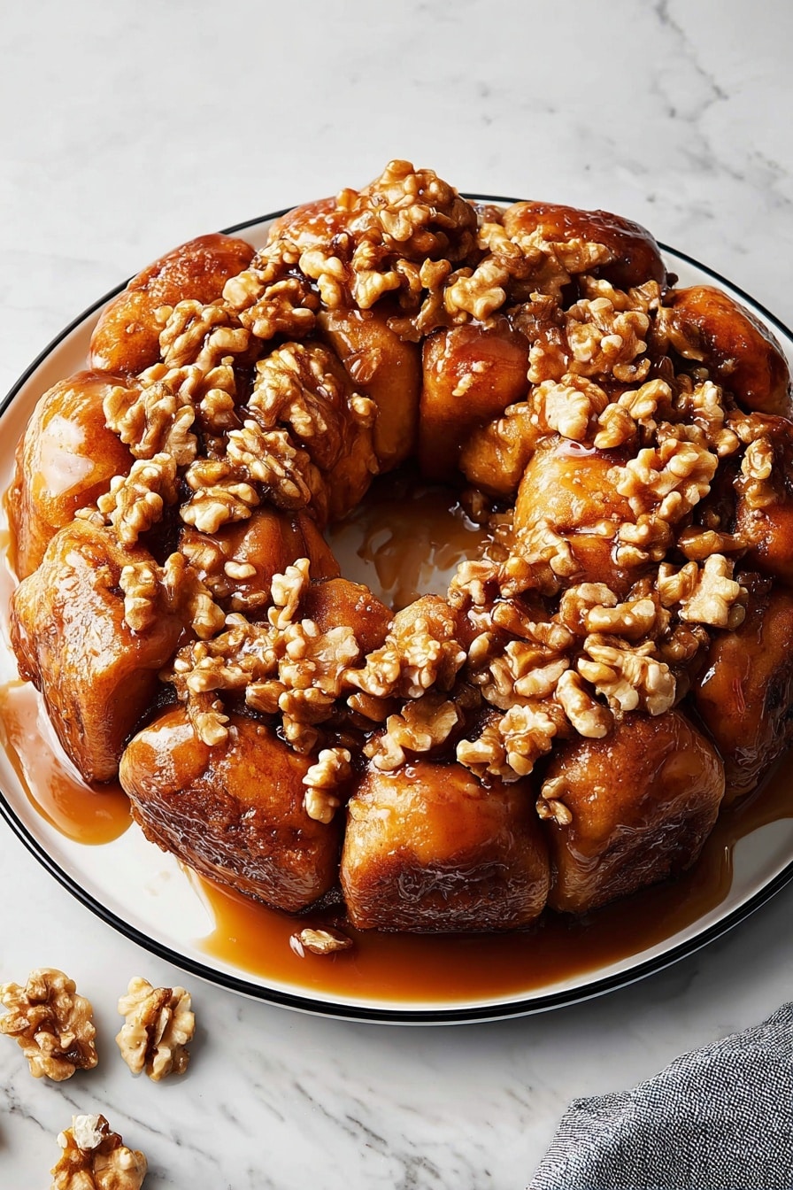 The image shows a round pull-apart sticky bun cake piled with many small, soft, golden-brown bread pieces layered tightly in a ring shape. The bread is shiny and covered in a thick layer of sticky caramel syrup, which drips over the edges and pools slightly at the bottom. Scattered generously on top and between the bread pieces are chunky, rich brown walnut halves that add texture. The cake is on a white plate with a black rim, placed on a white marbled surface. In the background, there is a soft gray cloth and a glass of milk, and some walnuts are scattered around the plate. Photo taken with an iphone --ar 2:3 --v 7 - Homemade Monkey Bread with Walnuts and Vanilla, Monkey Bread with Walnuts, Vanilla Monkey Bread, Easy Homemade Monkey Bread, Cinnamon Sugar Monkey Bread