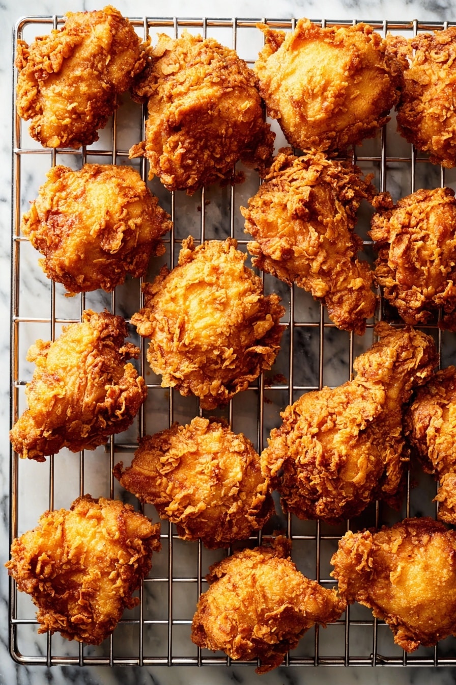 The image shows many pieces of fried chicken evenly placed on a metal cooling rack. Each piece is golden brown with a rough, crispy texture made from a thick, crunchy coating. The chicken pieces vary in shape but all look crunchy and well-cooked, with highlights showing the uneven, flaky crust. The metal rack has a simple grid pattern, and it sits on a white marbled surface. The overall look is warm and inviting, with the golden crispy chicken standing out against the cool metallic rack and the white marbled background. photo taken with an iphone --ar 2:3 --v 7 - Hot Honey Chicken Nuggets, spicy chicken nuggets, crispy chicken nuggets, homemade chicken nuggets, easy fried chicken bites