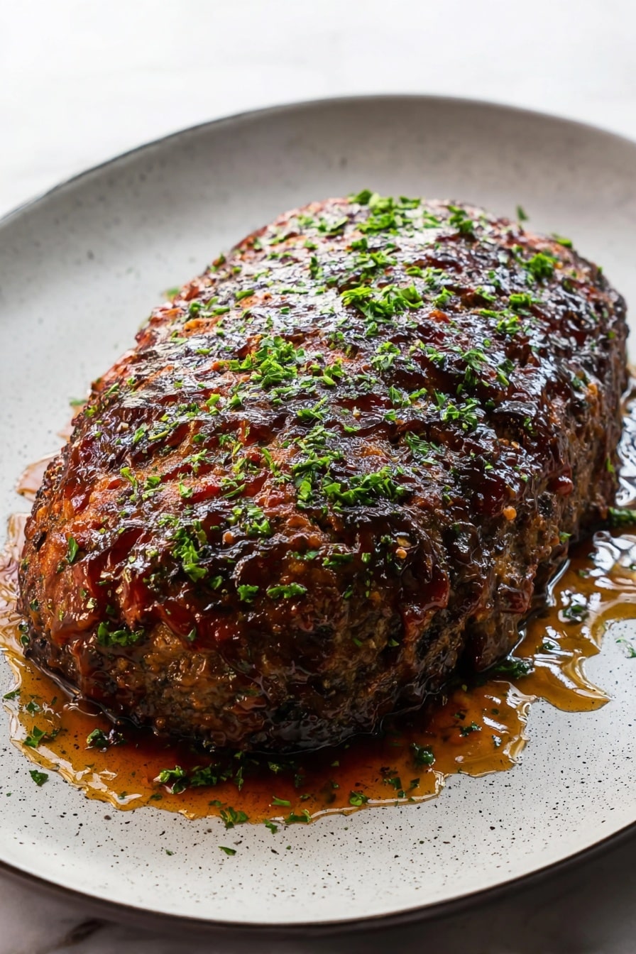 The image shows a white plate with four slices of a brown meatloaf that has visible red and orange bits inside. The top of each slice is shiny with a sauce glaze and sprinkled with bright green chopped herbs. The meatloaf has a dense texture with small pieces throughout. A knife with a light handle is placed on the side of the plate. The plate sits on a white marbled surface with some scattered herbs around. Photo taken with an iphone --ar 2:3 --v 7 - Turkey Quinoa Meatloaf, healthy turkey meatloaf, quinoa meatloaf recipe, flavorful meatloaf with turkey, nutritious comfort food