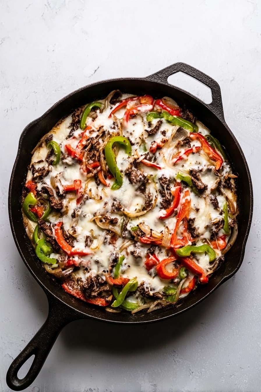 A black cast iron pan filled with layers of cooked dark brown steak pieces, bright green and red bell pepper strips, and light brown sautéed mushrooms all covered with melted white cheese that softly drapes over the ingredients. The pan rests on a white marbled surface, highlighting the vibrant colors and textures of the dish. photo taken with an iphone --ar 2:3 --v 7 - Cheesesteak Skillet, Philly cheesesteak dinner, quick cheesesteak recipe, easy skillet steak, cheesy beef skillet