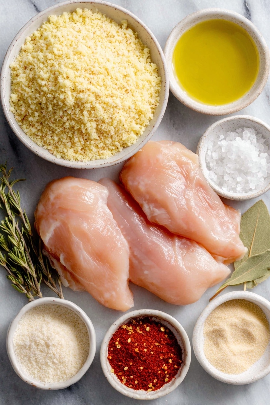 Flat lay of a small white ceramic bowl filled with plain golden breadcrumbs, a small white bowl of bright golden vegetable oil, a few sprigs of dried green basil, a small white bowl of coarse sea salt crystals, a small white bowl of granular white sugar, a small white bowl containing vibrant reddish-orange paprika powder, a small white bowl of pale beige onion powder, a small white bowl of off-white garlic powder, a small white bowl with freshly cracked black peppercorns, a tiny pinch of bright red cayenne powder in a white ceramic dish, and three plump, boneless, skinless chicken breasts arranged symmetrically, placed on a clean white marble surface, soft natural light, photo taken with an iPhone, professional food photography style, fresh ingredients, white ceramic bowls, no bottles, no duplicates, no utensils, no packaging --ar 2:3 --v 7 --p awthu7i m7354615311229779997 - Homemade Shake and Bake Chicken, crispy homemade chicken coating, easy shake and bake chicken, flavorful baked chicken recipe, homemade chicken seasoning mix