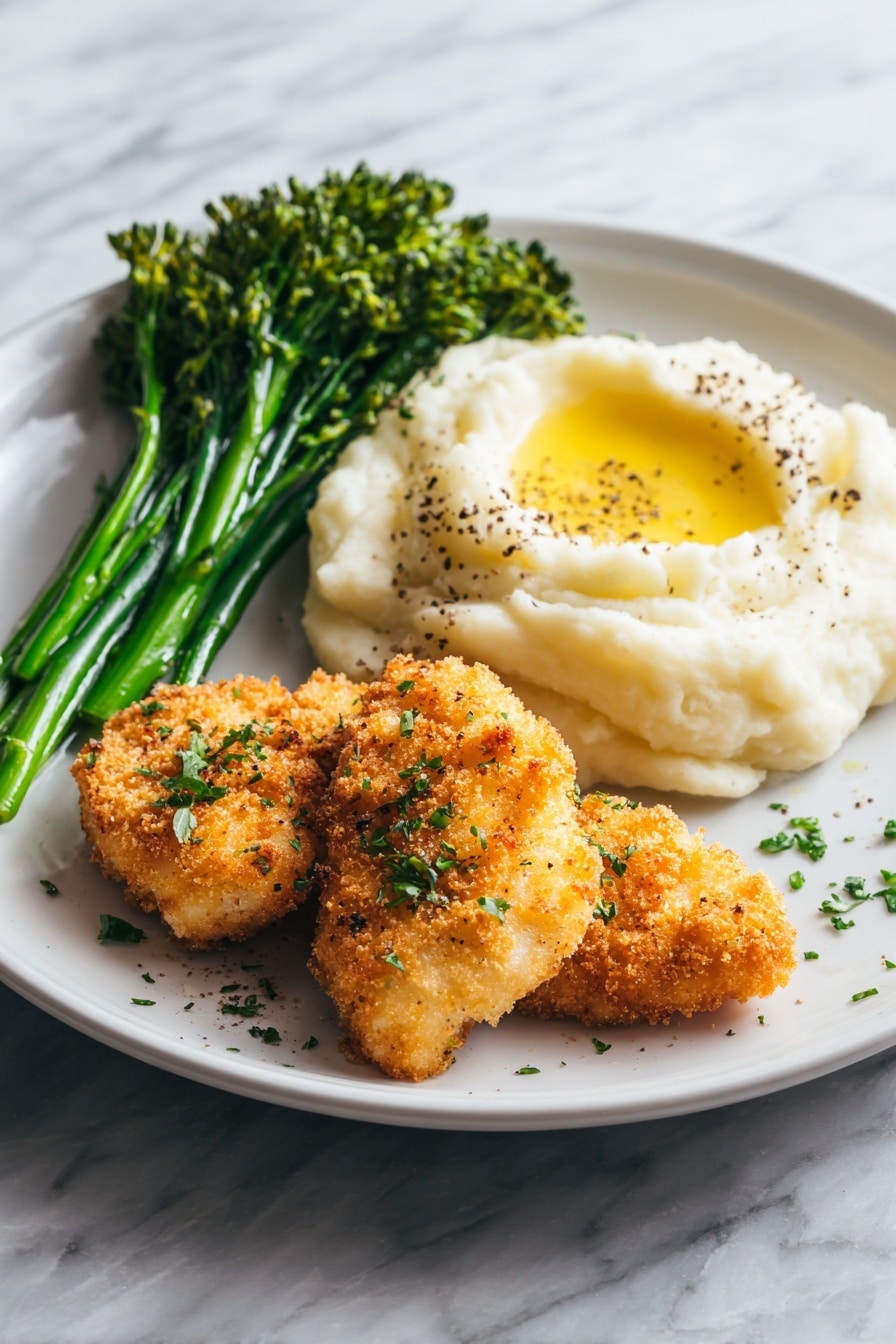 The dish shows three pieces of golden brown breaded chicken placed on the right side of a round white plate, sprinkled with small green herb bits. On the left side, there is a small bunch of bright green steamed broccolini with visible stems and florets. Above the broccolini is a mound of smooth white mashed potatoes with a well in the center holding a pool of melted yellow butter, sprinkled lightly with black pepper. The plate sits on a white marbled surface. photo taken with an iphone --ar 2:3 --v 7 - Homemade Shake and Bake Chicken, crispy homemade chicken coating, easy shake and bake chicken, flavorful baked chicken recipe, homemade chicken seasoning mix