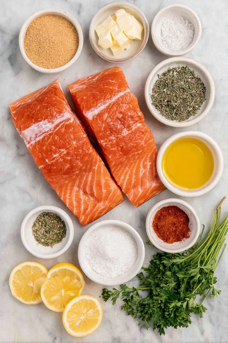 Flat lay of fresh raw salmon fillet portions with vibrant pink-orange flesh and silvery skin, a small white ceramic bowl filled with light brown sugar, another small white bowl containing bright red paprika powder, a third bowl with off-white garlic powder, a fourth bowl with pale beige onion powder, a small white bowl holding dried green oregano leaves, another bowl with dried thyme sprigs, a small white bowl of ground ginger in light beige powder form, a small white bowl filled with coarse sea salt crystals, a tiny white bowl with bright red cayenne pepper powder, a small white bowl of golden extra-virgin olive oil, a small white bowl of creamy melted butter, a fresh lemon cut into bright yellow wedges, and a small pile of fresh, vibrant green flat leaf parsley sprigs — all arranged symmetrically and proportionally on a clean white marble surface, soft natural light, photo taken with an iPhone, professional food photography style, fresh ingredients, white ceramic bowls, no bottles, no duplicates, no utensils, no packaging --ar 2:3 --v 7 --p awthu7i m7354615311229779997 - Blackened Salmon, Blackened Salmon Recipe, Spicy Salmon Dinner, Crispy Salmon, Easy Salmon Recipes