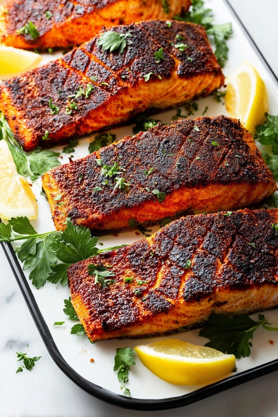 The image shows four pieces of grilled salmon with a dark, crispy, and textured charred crust on top, with visible grill marks in a crosshatch pattern. The salmon flesh under the crust appears bright orange and fresh. The pieces are laid on a white tray with black edges, decorated with green parsley leaves scattered around and thin slices of lemon positioned at the corners. The background is a white marbled surface. photo taken with an iphone --ar 2:3 --v 7 - Blackened Salmon, Blackened Salmon Recipe, Spicy Salmon Dinner, Crispy Salmon, Easy Salmon Recipes