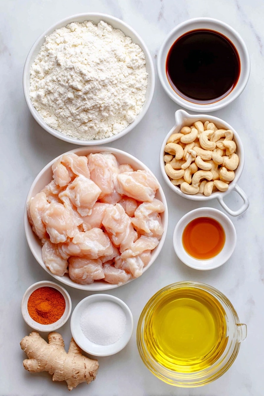 Flat lay of a small bowl of all-purpose flour mixed with cornstarch and paprika, a small bowl of cold water, one pound of raw boneless skinless chicken breasts cut into bite-sized pieces, a small mound of whole cashew halves, a small white bowl of hoisin sauce, a small white bowl of soy sauce, a small white bowl of white vinegar, a small white bowl of granulated sugar, two whole garlic cloves next to a small piece of fresh ginger root, a shallow white ceramic dish filled with golden vegetable oil, all arranged with perfect symmetry on a clean white marble surface, soft natural light, photo taken with an iPhone, professional food photography style, fresh ingredients, white ceramic bowls, no bottles, no duplicates, no utensils, no packaging --ar 2:3 --v 7 --p awthu7i m7354615311229779997 - Cashew Chicken Stir-Fry, easy chicken stir-fry, quick dinner recipes, healthy Asian stir-fry, flavorful chicken and cashews