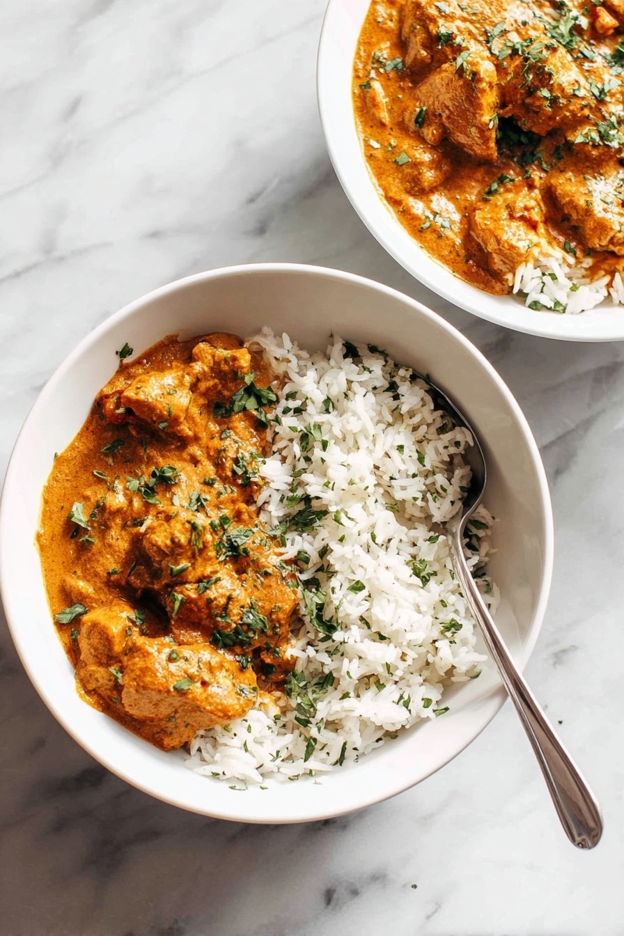 The image shows two white bowls on a white marbled surface. Each bowl contains two layers: the base layer is white rice mixed with small green herb pieces, giving a fresh look, and the top layer is a thick, creamy orange-brown curry sauce with visible chunks of meat. The curry is sprinkled with chopped green herbs for extra color and texture. A silver spoon is partially resting in the larger bowl, slightly pressing into the rice and curry mix. The lighting highlights the creamy texture of the curry and the fluffiness of the rice. photo taken with an iphone --ar 2:3 --v 7 - Easy Chicken Tikka Masala, Chicken Tikka Masala, homemade Chicken Tikka Masala, simple Indian curry, quick Chicken Tikka Masala