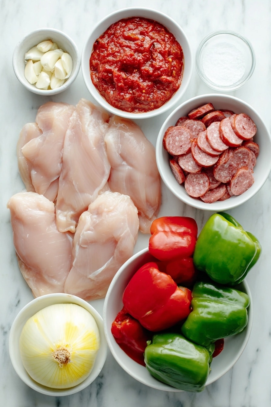 Flat lay of boneless skinless chicken breasts, sliced Andouille sausage, a simple white bowl of fire roasted crushed tomatoes, a small white bowl with smooth red tomato paste, two chopped green and red bell peppers arranged side by side, half a diced yellow onion, three peeled garlic cloves, a small white bowl of Creole seasoning powder, and a small white bowl of coarse salt all neatly arranged with perfect symmetry on a clean white marble surface, soft natural light, photo taken with an iPhone, professional food photography style, fresh ingredients, white ceramic bowls, no bottles, no duplicates, no utensils, no packaging --ar 2:3 --v 7 --p awthu7i m7354615311229779997 - Instant Pot Creole Chicken and Sausage, Creole chicken and sausage recipe, quick Creole chicken dish, flavorful sausage and chicken recipe, easy Instant Pot Creole meal