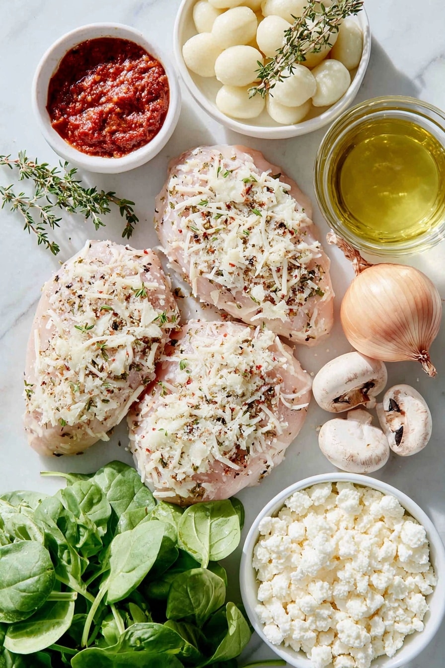 Flat lay of boneless, skinless chicken cutlets with a light seasoning of black pepper and ras el hanout, a small shallot whole and unpeeled, thinly sliced baby bella mushrooms arranged neatly, two whole garlic cloves, a small white ceramic bowl of bright red harissa paste, fresh thyme sprigs with tiny green leaves, a small white bowl of golden extra-virgin olive oil, a small white bowl of light brown low-sodium chicken broth, a small white bowl filled with creamy half-and-half, uncooked pillowy gnocchi dumplings scattered evenly, a small white bowl of crumbled white feta cheese, a bunch of fresh vibrant baby spinach leaves, and fresh basil leaves loosely gathered—all placed on a clean white marble surface, soft natural light, photo taken with an iPhone, professional food photography style, fresh ingredients, white ceramic bowls, no bottles, no duplicates, no utensils, no packaging --ar 2:3 --v 7 --p awthu7i m7354615311229779997 - Creamy Harissa Chicken Gnocchi, spicy chicken and gnocchi skillet, easy harissa chicken dinner, comforting gnocchi recipes, flavor-packed chicken pasta