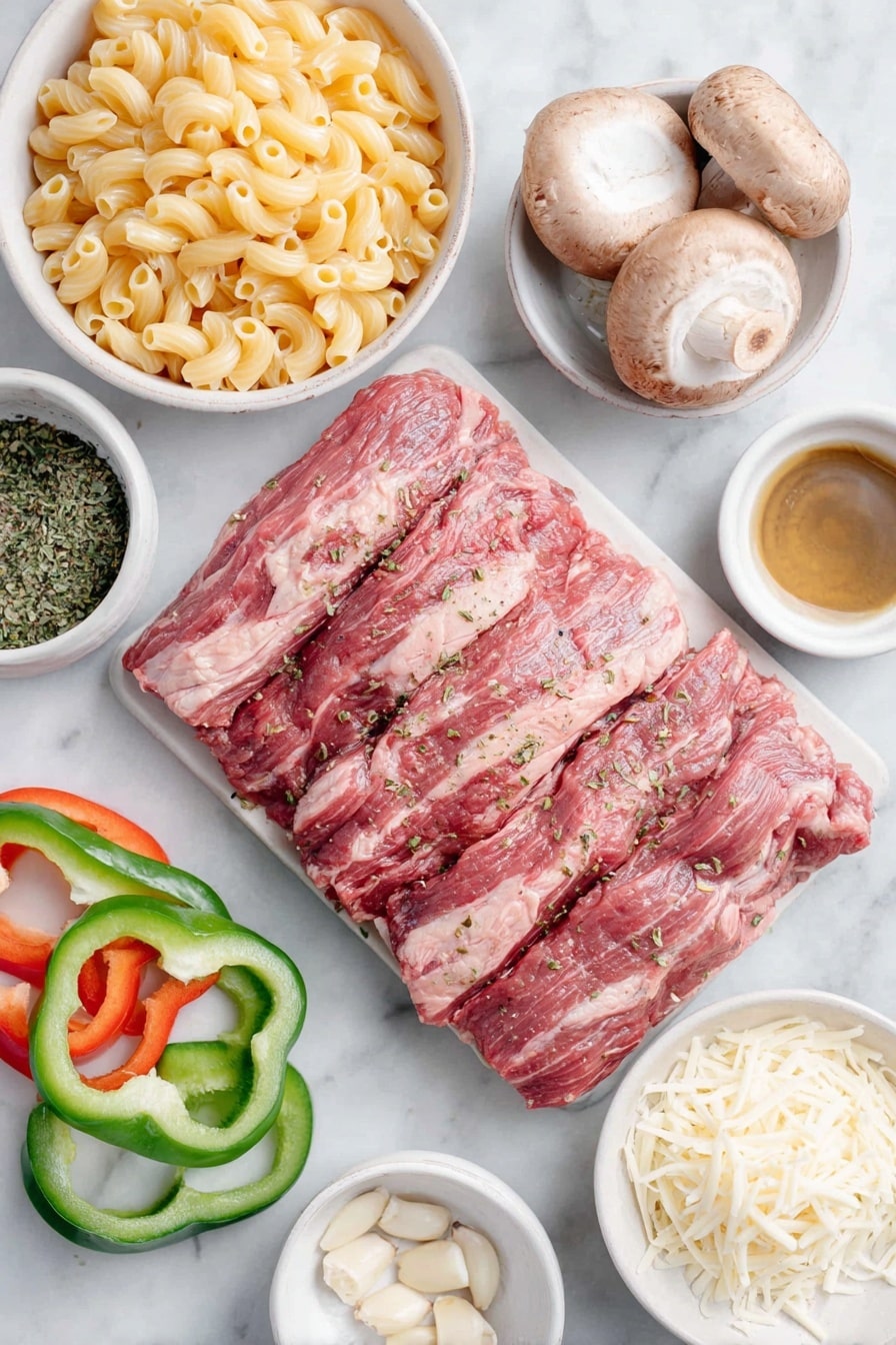 Flat lay of thinly sliced raw skirt steak seasoned with Italian herbs and cracked black pepper arranged next to a few fresh whole cremini mushrooms, a thinly sliced yellow onion crescent, two fresh bell peppers — one green and one red — sliced into strips, four peeled garlic cloves, small white ceramic bowls holding neutral oil and rich low-sodium beef broth, a small white bowl of creamy half-and-half, a nest of uncooked cavatappi pasta spirals, and a small mound of shredded provolone cheese all meticulously arranged on simple white ceramic dishes placed on a clean white marble surface, soft natural light, photo taken with an iPhone, professional food photography style, fresh ingredients, white ceramic bowls, no bottles, no duplicates, no utensils, no packaging --ar 2:3 --v 7 --p awthu7i m7354615311229779997 - Beef and Mushroom Philly Cheesesteak Pasta, Philly Cheesesteak Pasta, Easy Beef Pasta Dinner, Creamy Mushroom Pasta Recipe, Quick Weeknight Pasta