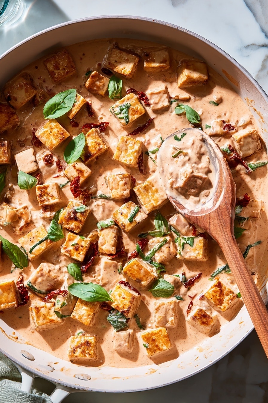 The image shows a white pan filled with small golden brown tofu cubes covered in a rich, creamy light pink sauce. The tofu pieces are evenly spread and some are scooped up with a wooden spoon on the right side. Bright green basil leaves are scattered over the tofu, adding a fresh color contrast. There are small bits of red sun-dried tomatoes mixed in the sauce. The sauce looks smooth and thick, lightly coating each tofu cube. The pan sits on a white marbled surface with soft daylight shining in, highlighting the textures and colors of the dish. Photo taken with an iphone --ar 2:3 --v 7 - Marry Me Tofu in Creamy Tomato Sauce, creamy tomato tofu dish, vegan tofu recipes, flavorful tofu dinner, easy tofu pasta recipe