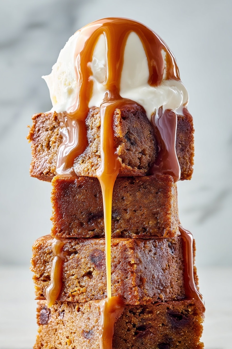 The image shows a group of 18 square-shaped dessert bars arranged close together on white parchment paper over a white marbled surface. Each bar has a golden brown base with a slightly rough texture, topped with smooth caramel sauce drizzled in diagonal lines. There are small white salt flakes scattered evenly over the caramel and bars, adding contrast and texture. Some caramel drips are visible on the parchment, enhancing the rich look. The bars look moist and thick, forming one single layer in each piece. photo taken with an iphone --ar 2:3 --v 7 - Sticky Toffee Blondies, Blondie dessert with dates and toffee, Easy sticky toffee blondie recipe, Gooey date blondies, Decadent caramel blondie bars