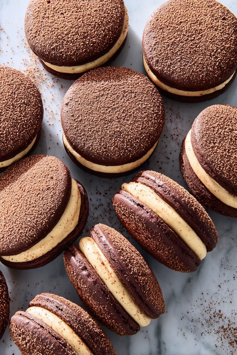 The image shows six whoopie pies stacked in a pyramid shape on a white marbled surface. Each whoopie pie has two soft, dark chocolate layers that look smooth and slightly shiny. Sandwiched between these layers is a thick, creamy light brown filling that looks fluffy and rich. The top of each whoopie pie is dusted with a fine layer of cocoa powder, some of which is falling gently onto the pies and surface below, adding texture to the scene. The whoopie pies' dark and light colors contrast well, making the filling stand out clearly. Photo taken with an iphone --ar 2:3 --v 7 - Chocolate Coffee Tiramisu Whoopie Pies, tiramisu-inspired dessert, coffee mascarpone treats, chocolate coffee cake, easy tiramisu desserts