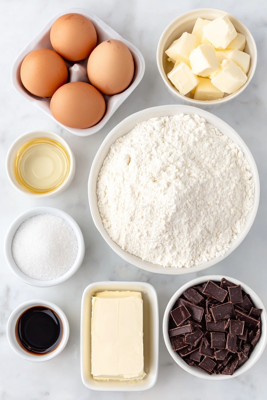 Flat lay of a simple white ceramic bowl of white cake mix powder, three whole brown eggs with clean shells, a small white bowl of clear vodka, a small white bowl of dark instant espresso granules, a small white bowl of golden vegetable oil, a small white bowl of smooth unsalted butter cut into cubes, a small white bowl of fine white confectioners’ sugar, a small white bowl of dark amber Kahlúa liqueur, a small white bowl of thick heavy cream, a small white bowl of pale vanilla extract, a small white bowl of flaky kosher salt, and a small white bowl of delicate dark chocolate shavings, all ingredients fresh and natural, arranged symmetrically in perfect proportions in a professional flat lay taken with natural lighting and an iPhone, placed on a clean white marble surface, soft natural light, photo taken with an iPhone, professional food photography style, fresh ingredients, white ceramic bowls, no bottles, no duplicates, no utensils, no packaging --ar 2:3 --v 7 --p awthu7i m7354615311229779997 - White Russian Cupcakes, White Russian Cocktails, Kahlúa Cupcakes, Boozy Cupcake Recipes, Easy Cocktail-Inspired Dessert