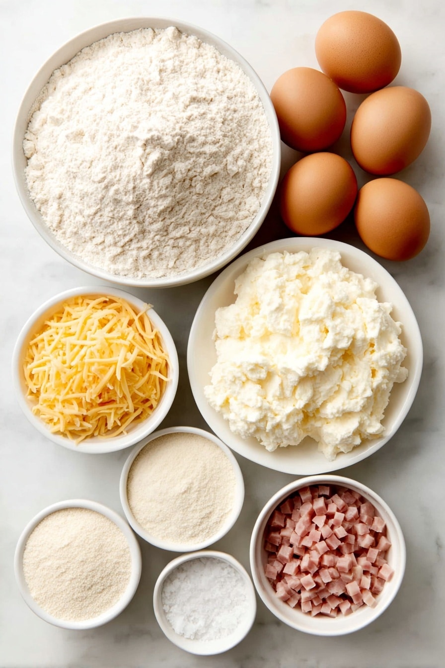 Flat lay of a small heap of whole wheat flour on a simple white ceramic plate, a tiny white ceramic bowl of pale off-white cottage cheese curds, a handful of shredded sharp orange cheddar cheese placed neatly on a white ceramic dish, two whole brown eggs with smooth shells arranged side by side, a small white ceramic bowl filled with finely chopped fresh green chives, a small white ceramic bowl holding diced pinkish ham pieces, a small white ceramic bowl containing pale beige onion powder, another small white ceramic bowl with light beige garlic powder, a small white ceramic bowl with off-white baking powder, and a pinch of fine white salt artfully displayed, all arranged with perfect symmetry and realistic proportions, placed on a clean white marble surface, soft natural light, photo taken with an iPhone, professional food photography style, fresh ingredients, white ceramic bowls, no bottles, no duplicates, no utensils, no packaging --ar 2:3 --v 7 --p m7354615311229779997 - Cheddar Ham Protein Biscuits, savory breakfast biscuits, high-protein ham biscuits, cheesy ham dinner bites, easy protein snack recipes