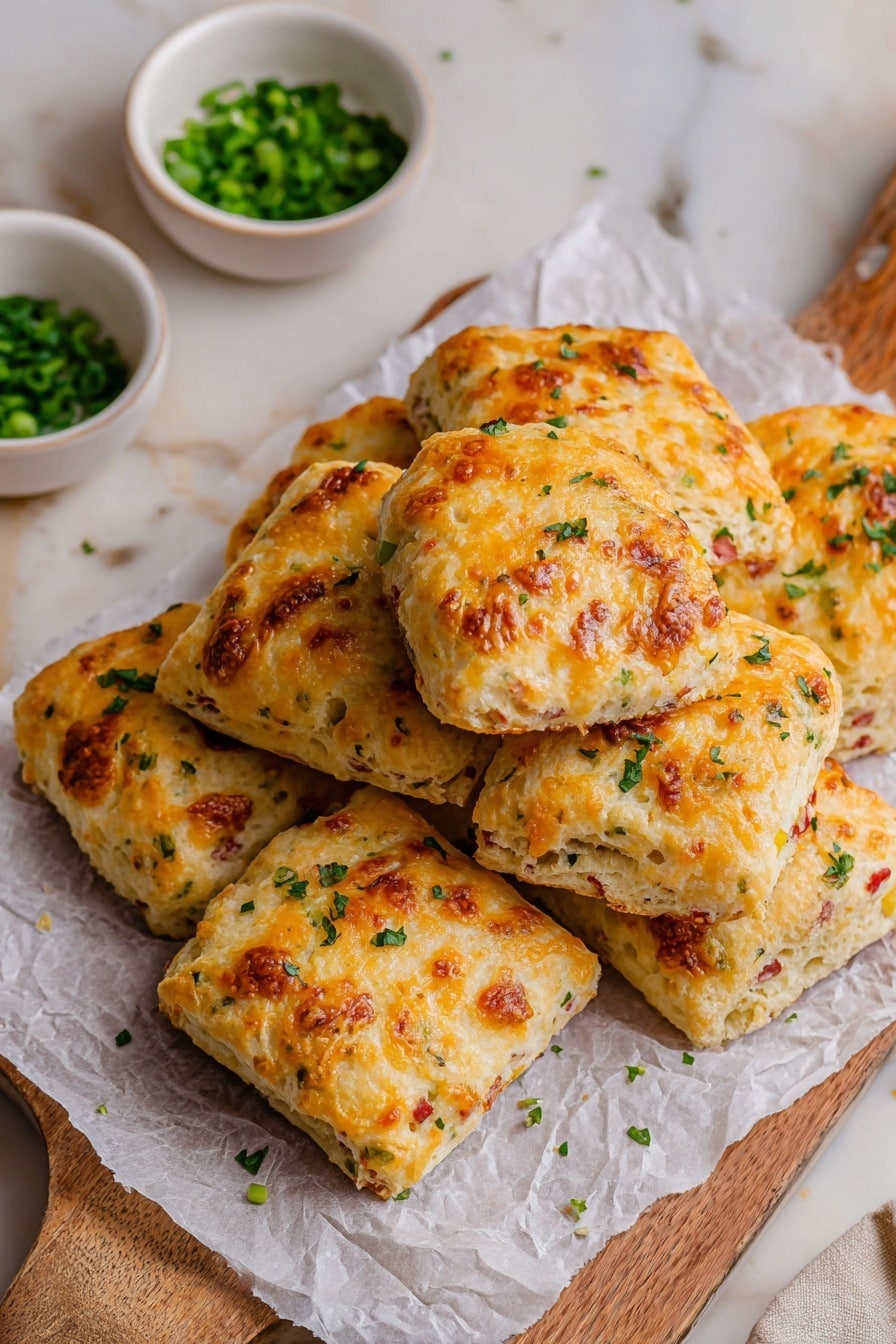 The image shows a stack of three golden-brown scones on a light wooden board. Each scone is thick with a fluffy texture and has visible bits of orange cheese and green herbs scattered throughout, giving a speckled effect on the soft cream-colored dough. In the background, there are more scones resting on white paper, along with small white bowls filled with green chopped herbs and red jam. The scene is set on a white marbled surface with some green herbs scattered around for decoration. The scones look soft and fresh, with a rustic and homemade feel. photo taken with an iphone --ar 2:3 --v 7 - Cheddar Ham Protein Biscuits, savory breakfast biscuits, high-protein ham biscuits, cheesy ham dinner bites, easy protein snack recipes