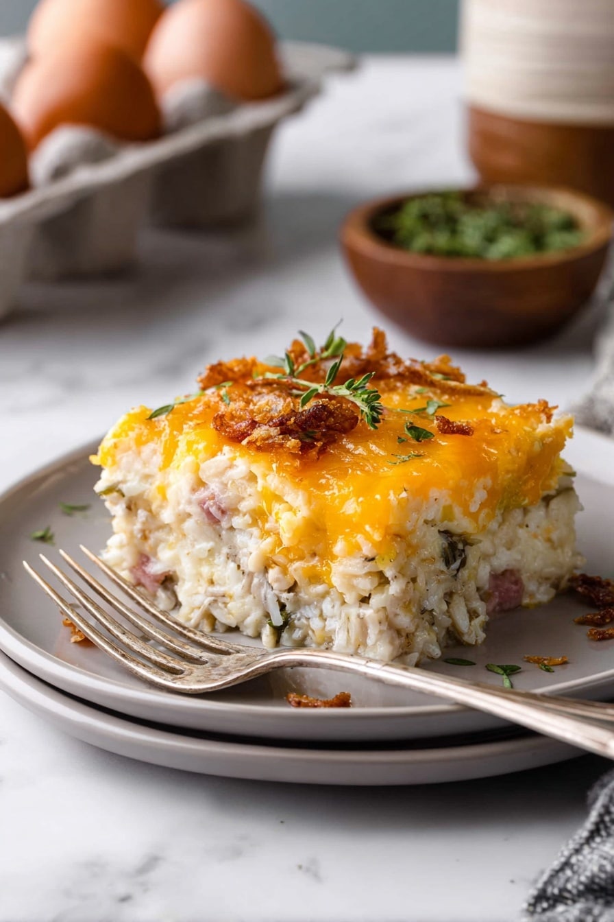 A square white baking dish holds a cheesy casserole with three visible layers: the bottom layer is mixed with hash browns and small bits of cooked meat, the middle layer is creamy and lighter in color showing more shredded potatoes, and the top layer is bright orange melted cheese topped with small pieces of crispy bacon and green herbs sprinkled over it. A metal spatula lifts one portion from the dish, showing the layers inside, on a white marbled surface with a soft gray cloth nearby. Photo taken with an iphone --ar 2:3 --v 7 - Ultimate Breakfast Casserole with Sausage and Hashbrowns, breakfast casserole with sausage and hashbrowns, hearty breakfast casserole, make-ahead breakfast casserole, cheesy breakfast casserole