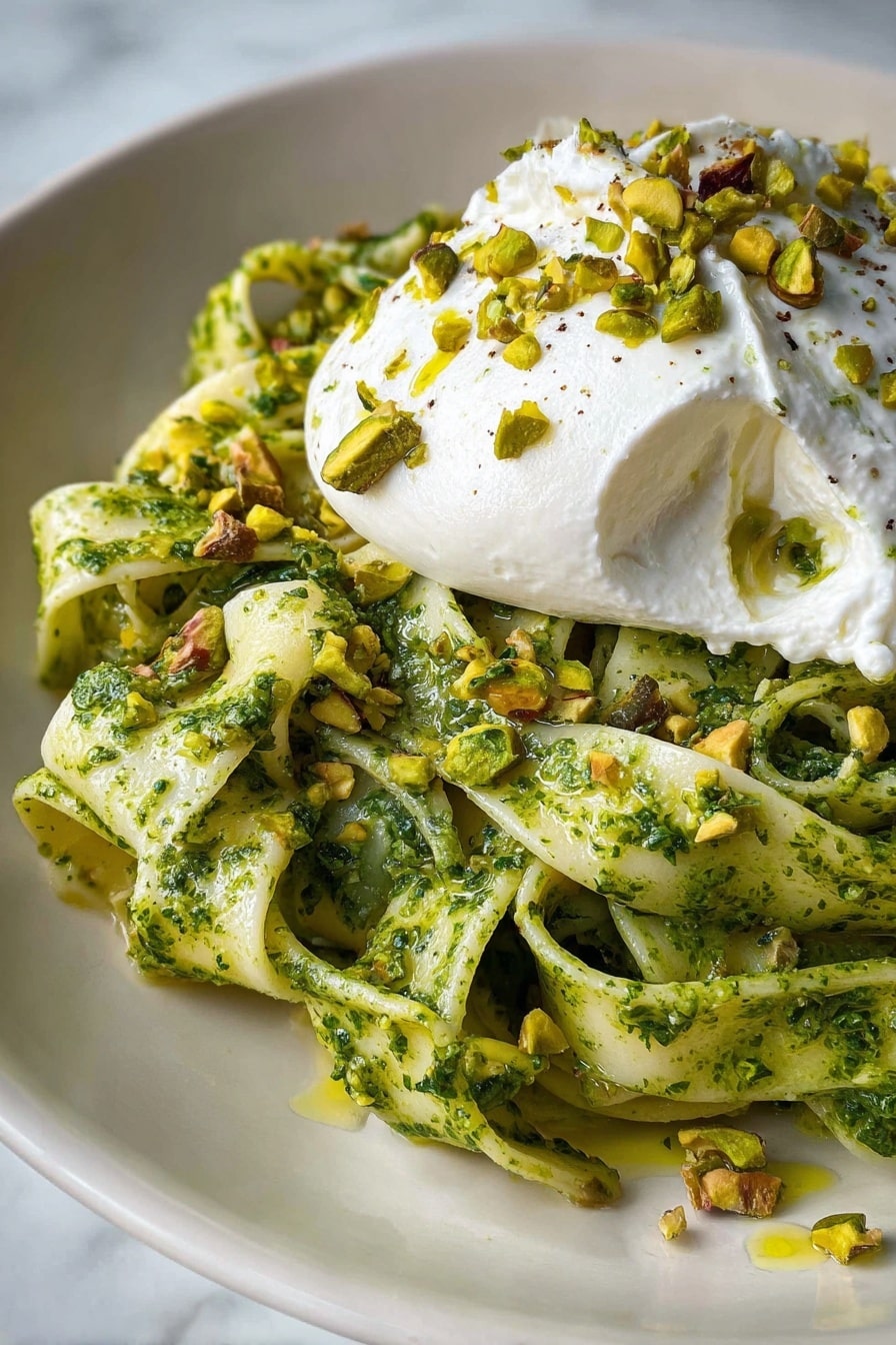 The dish shows wide pasta ribbons covered in a thick, green pesto sauce with visible small herb bits, forming the bottom layer. On top, there is a large dollop of soft, white creamy cheese with a smooth and slightly shiny texture. Scattered over the cheese are pieces of chopped pistachio nuts, green with some brown edges, adding a crunchy look. There is a small drizzle of olive oil on the cheese and nuts, giving a light glisten. All of this is served on a white plate with a white marbled background visible at the edges photo taken with an iphone --ar 2:3 --v 7 - Pistachio Pesto Pasta with Burrata, pistachio pesto pasta, burrata cheese pasta, easy pistachio pesto recipe, creamy pasta with burrata