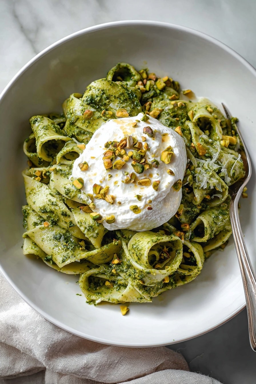 A white bowl holds wide pasta noodles covered in a thick green pesto sauce, which has a slightly coarse texture with visible bits of herbs. On top of the pasta, there is a large dollop of soft white cheese with a smooth but slightly uneven surface. Scattered over the cheese are small chopped green pistachio pieces and a light drizzle of golden oil. The bowl sits on a white marbled surface with a soft cloth nearby. photo taken with an iphone --ar 2:3 --v 7 - Pistachio Pesto Pasta with Burrata, pistachio pesto pasta, burrata cheese pasta, easy pistachio pesto recipe, creamy pasta with burrata