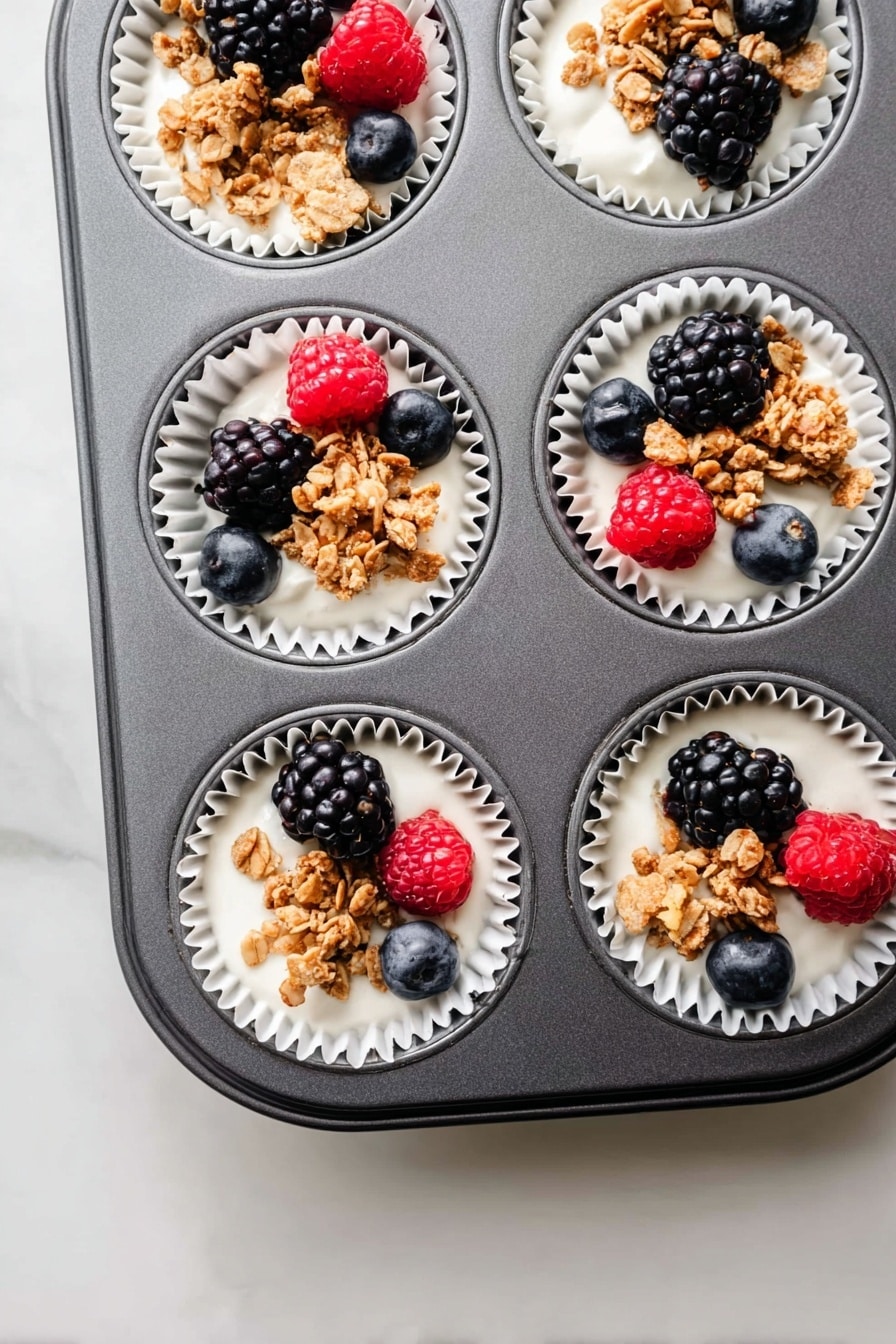 A close-up view of a gray muffin tray holding six white paper cupcake liners filled with creamy white yogurt. Each yogurt cup is topped with fresh berries and clusters of granola. The berries include blackberries, blueberries, and raspberries, arranged somewhat randomly but visibly on top. The granola pieces are golden brown and scattered over the fruit and yogurt, adding texture. The tray rests on a clean white marbled surface, and soft natural light highlights the freshness of the ingredients. photo taken with an iphone --ar 2:3 --v 7 - Frozen Yogurt Granola Cups, healthy frozen yogurt snacks, easy breakfast ideas, no-bake dessert recipes, kid-friendly snack treats