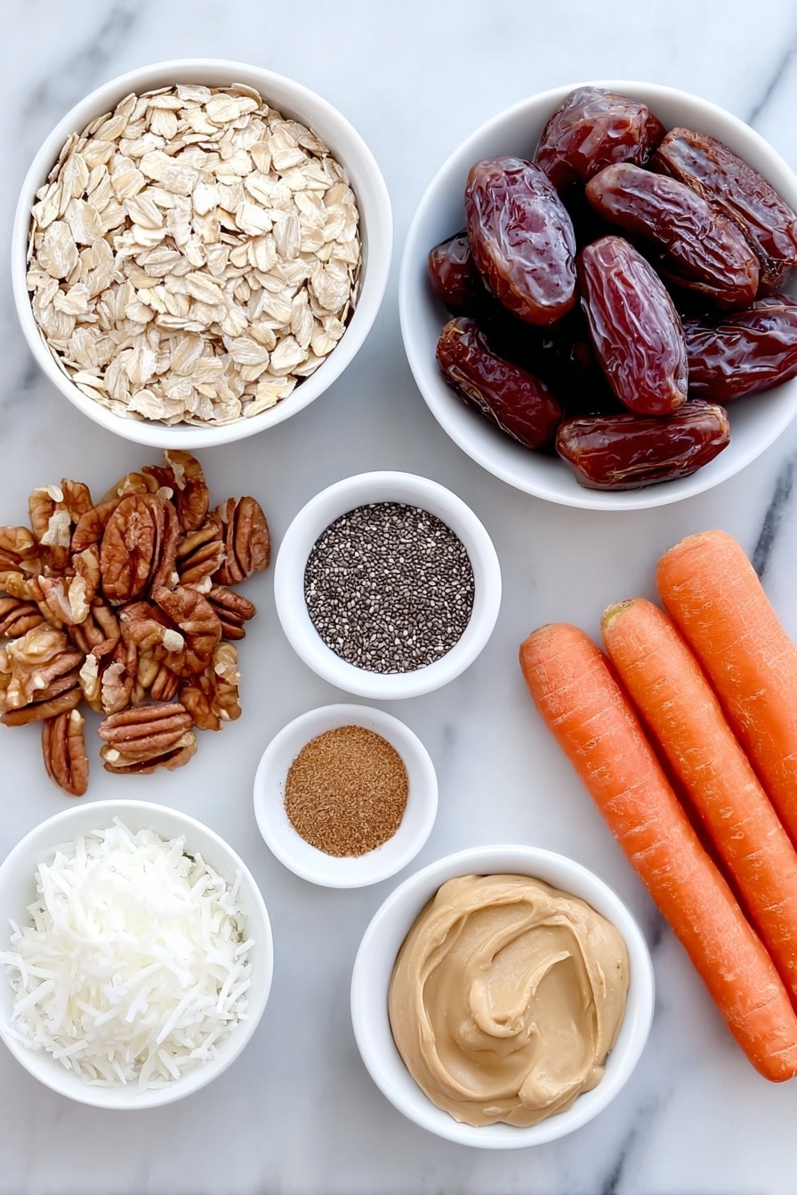 Flat lay of a small pile of fresh whole raw carrots with bright orange color, a neat cluster of glossy Medjool dates with smooth brown skins, a small heap of raw pecans showcasing their ridged texture, a similar portion of raw walnuts with their irregular shapes and natural tan color, a shallow white ceramic bowl filled with rolled oats, a small white bowl containing tiny black chia seeds, a tiny white bowl with warm brown ground cinnamon powder, another tiny white bowl with pale beige ground ginger powder, a pinch of coarse sea salt crystals presented directly on the white marble, a small mound of shredded white coconut flakes arranged neatly, a dollop of creamy thick plain Greek yogurt in a simple white bowl, and a small white bowl with smooth creamy peanut butter—all ingredients fresh and natural, perfectly symmetrical and balanced, placed on a clean white marble surface, soft natural light, photo taken with an iPhone, professional food photography style, fresh ingredients, white ceramic bowls, no bottles, no duplicates, no utensils, no packaging --ar 2:3 --v 7 --p m7354615311229779997 - Healthy No-Bake Carrot Energy Bites, nutritious energy bites, quick healthy snacks, wholesome no-bake treats, homemade energy balls