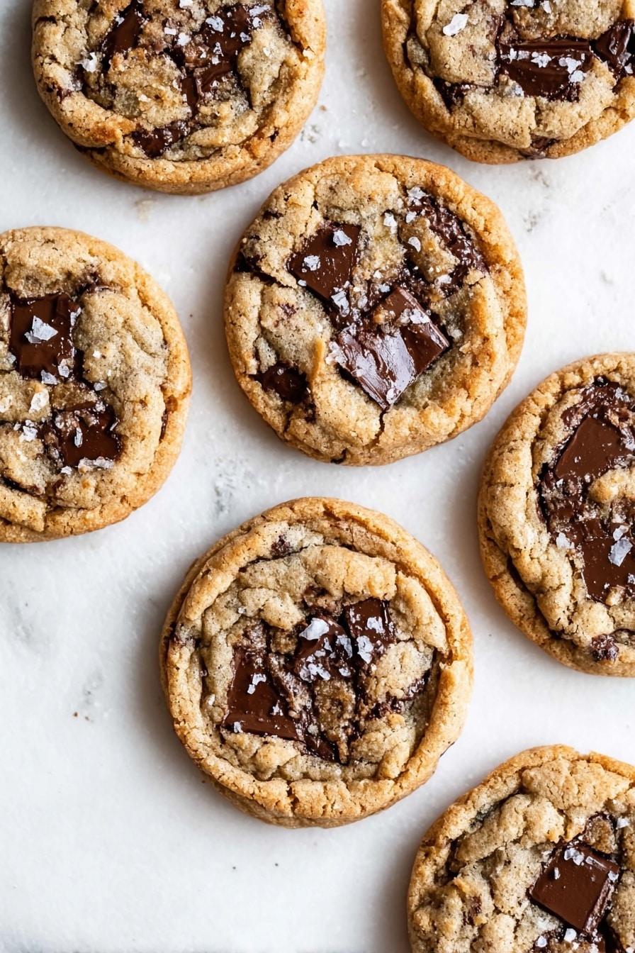 Several round cookies with a light golden-brown color are spread out on a white marbled surface. Each cookie has visible dark melted chocolate chunks distributed unevenly in the soft dough layer. On top, there are small flakes of white salt scattered, adding texture and contrast. The cookies have slightly darker, crispier edges with a chewier, lighter center. A clear glass bowl with coarse salt is visible in the upper left corner. photo taken with an iphone --ar 2:3 --v 7 - Chewy Chocolate Chip Cookies, best chewy chocolate chip cookies, easy chocolate chip cookies, homemade chewy cookies, soft chocolate chip cookies
